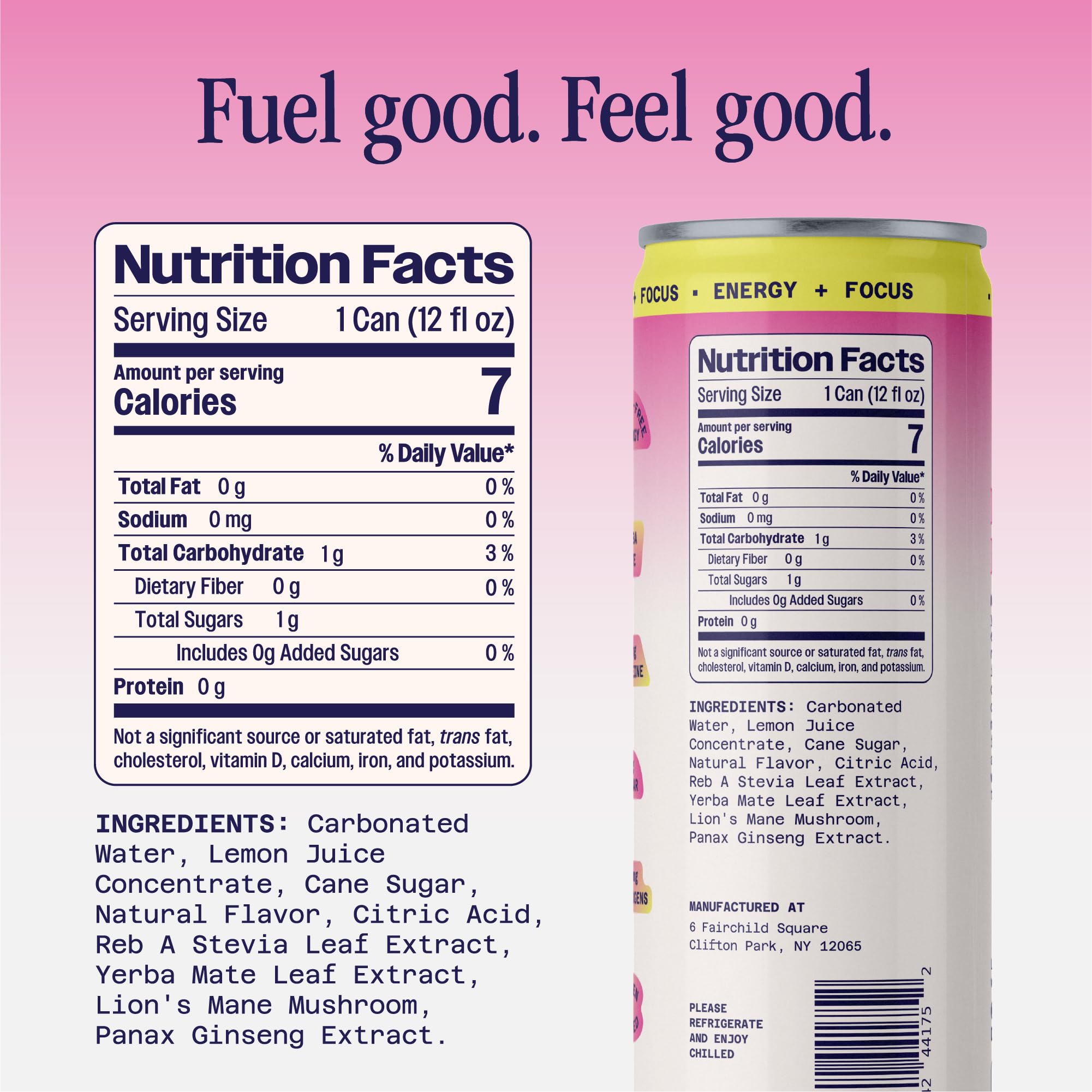 Benny Raspberry Hibiscus Sparkling Clean Energy Drink | 80mg Natural Caffeine Yerba Mate | Lion's Mane & Ginseng | 1g Sugar, 5 Calories | No