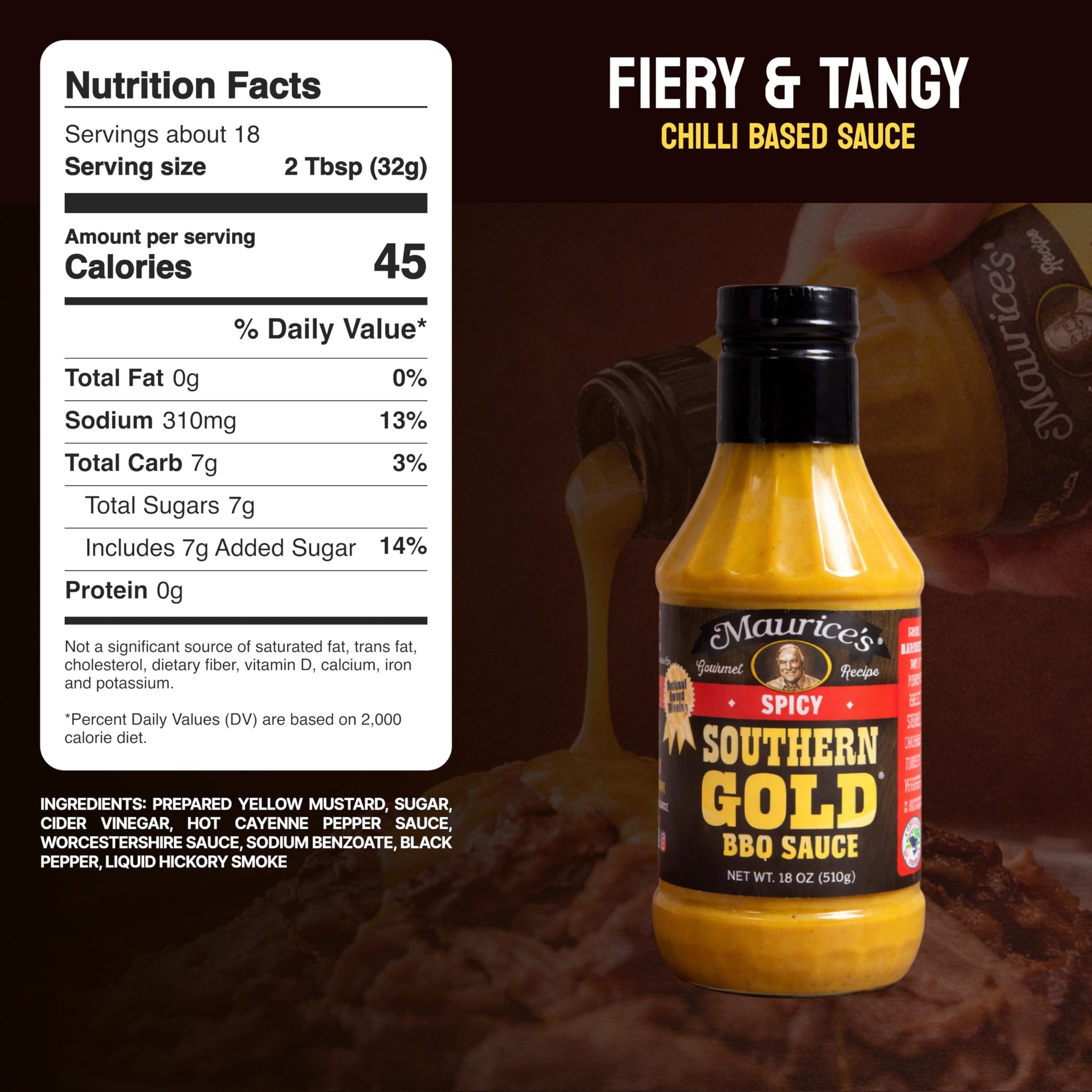Maurice’s Southern Gold BBQ Sauce, Spicy - Carolina Gold Barbecue Sauce Hot & Spicy Blend - Authentic Southern Carolina Barbeque Dressing - Mustard