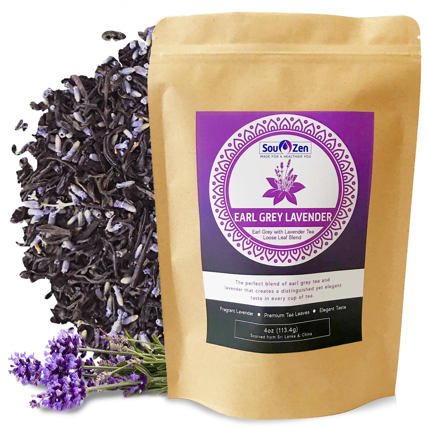 Sou Zen Earl Grey Lavender Loose Leaf Tea Blend 4oz | Ceylon Black Tea with Bergamot Oil and Lavender Flowers | Aromatic Black Tea Blend | Resealable
