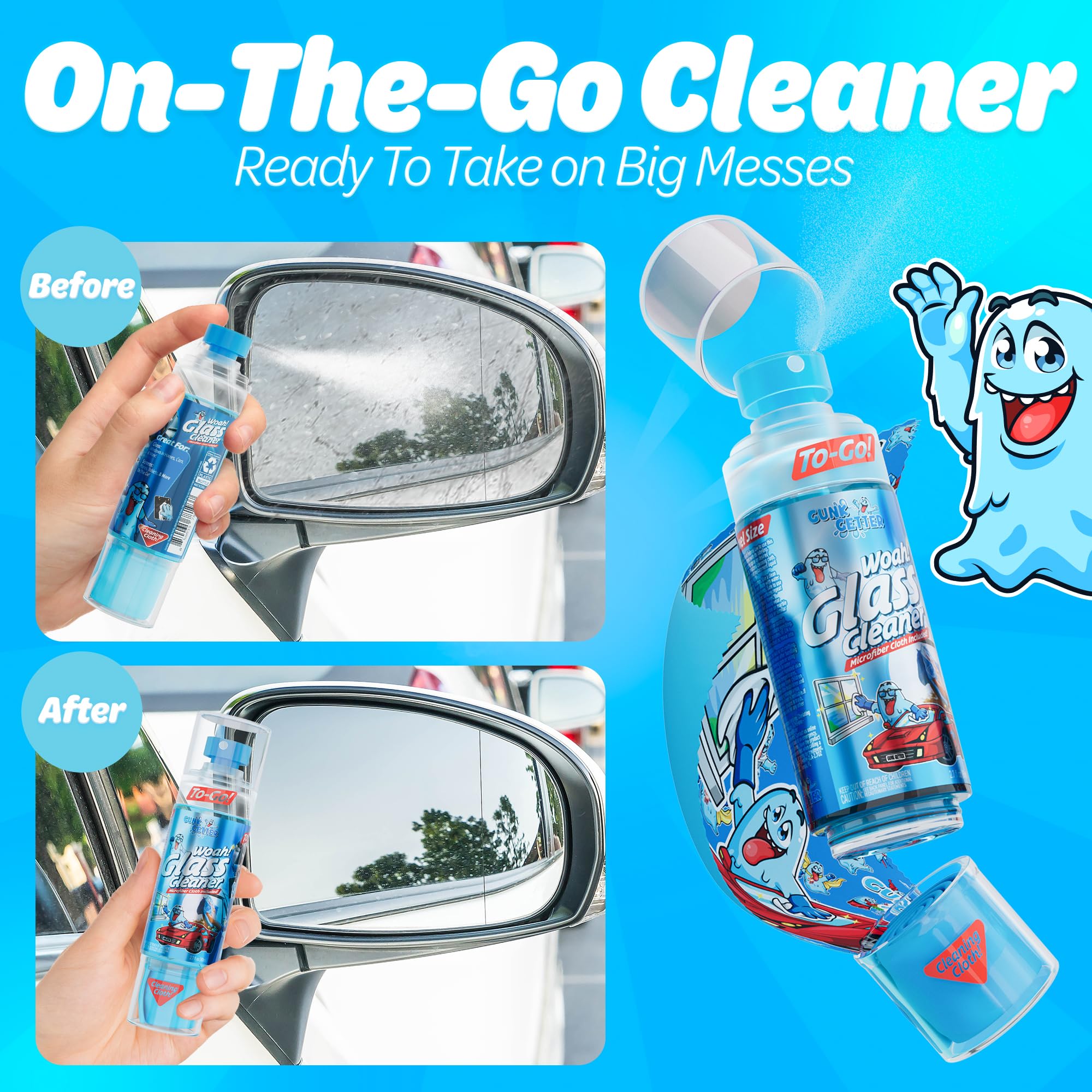 Gunk Getter - Travel Spray Bottle With Microfiber Cap - Glass Cleaner (2 Pack)