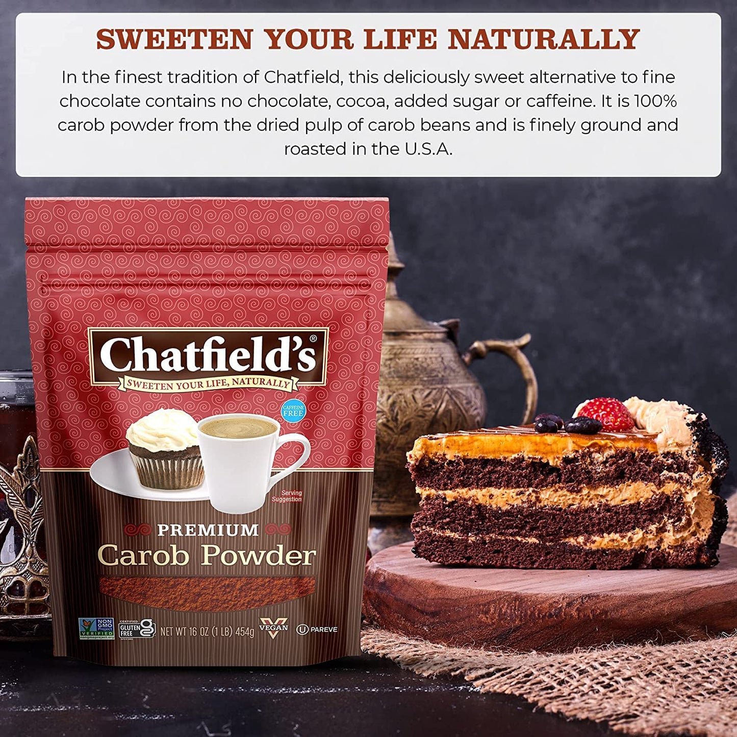Chatfield’s All Natural Carob Powder 16-oz Pouch, Sweet and Delicious, Premium Quality, Caffeine-Free, Gluten-Free, Vegan, Kosher, Non-GMO Verified - (2 Pack)