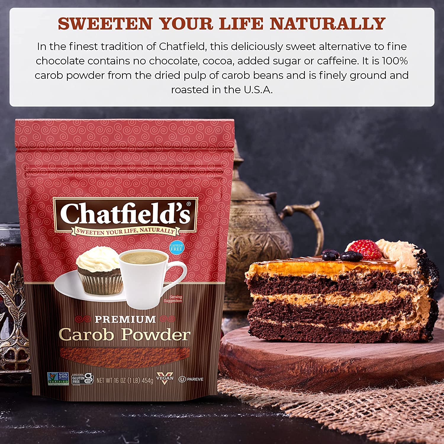 Chatfield’s All Natural Carob Powder 16-oz Pouch, Sweet and Delicious, Premium Quality, Caffeine-Free, Gluten-Free, Vegan, Kosher, Non-GMO Verified - (2 Pack)