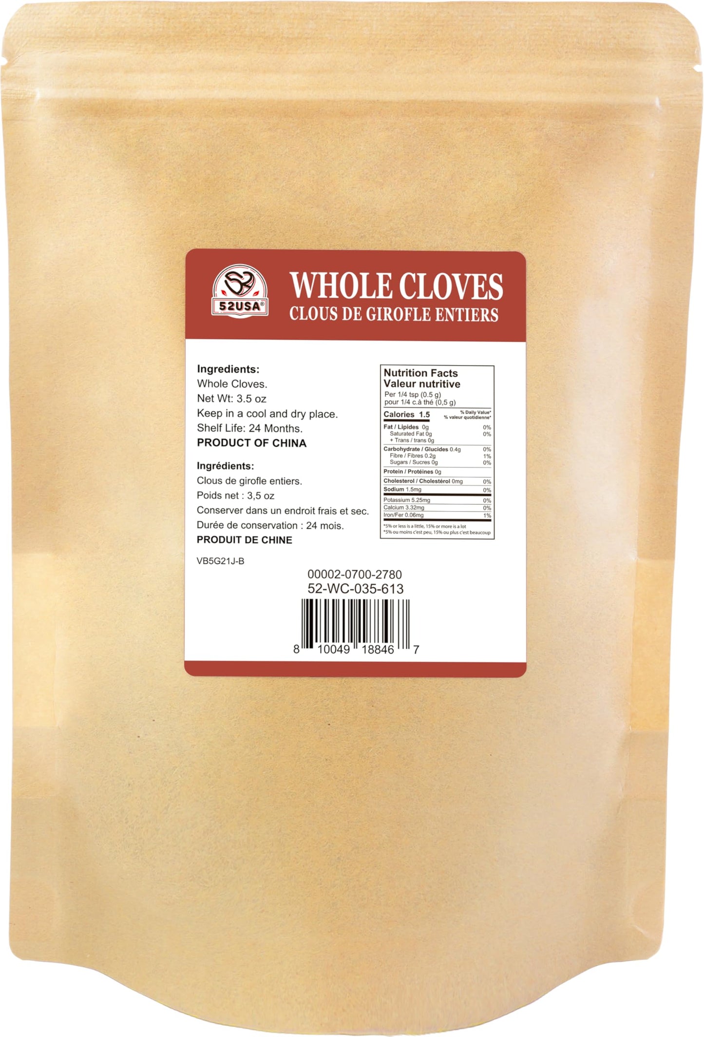 52USA Cloves Whole 3.5 oz (Pack of 1), Great for Food, Tea, Baking and Meats, All Natural | Non GMO | Kosher | Vegan | Gluten Free