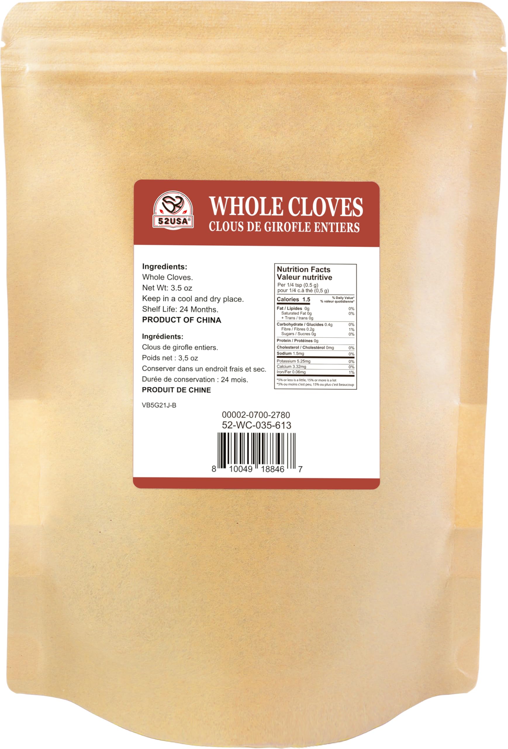 52USA Cloves Whole 3.5 oz (Pack of 1), Great for Food, Tea, Baking and Meats, All Natural | Non GMO | Kosher | Vegan | Gluten Free