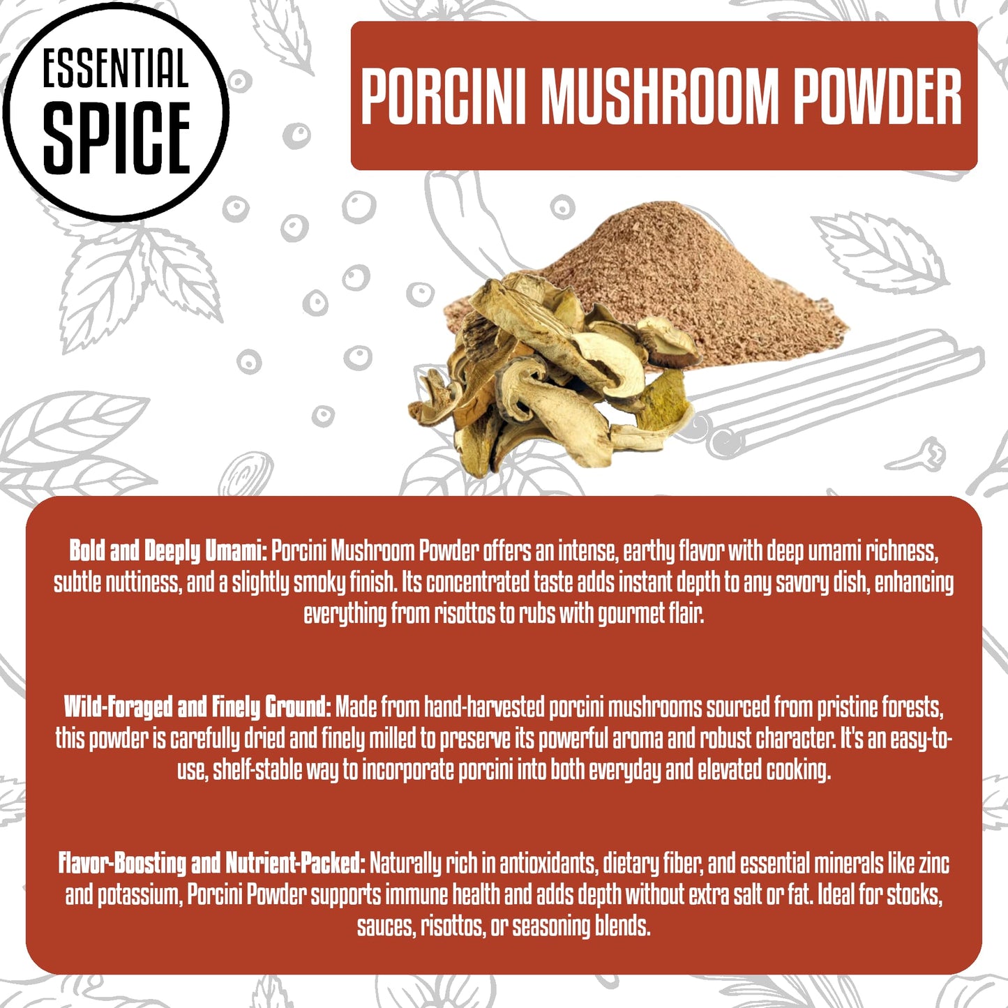 Essential Spice Organic Porcini Mushroom Powder - Bold Umami-Rich Flavor, Finely Ground - Ideal for Risottos, Sauces, Rubs, Soups & Gourmet Seasoning