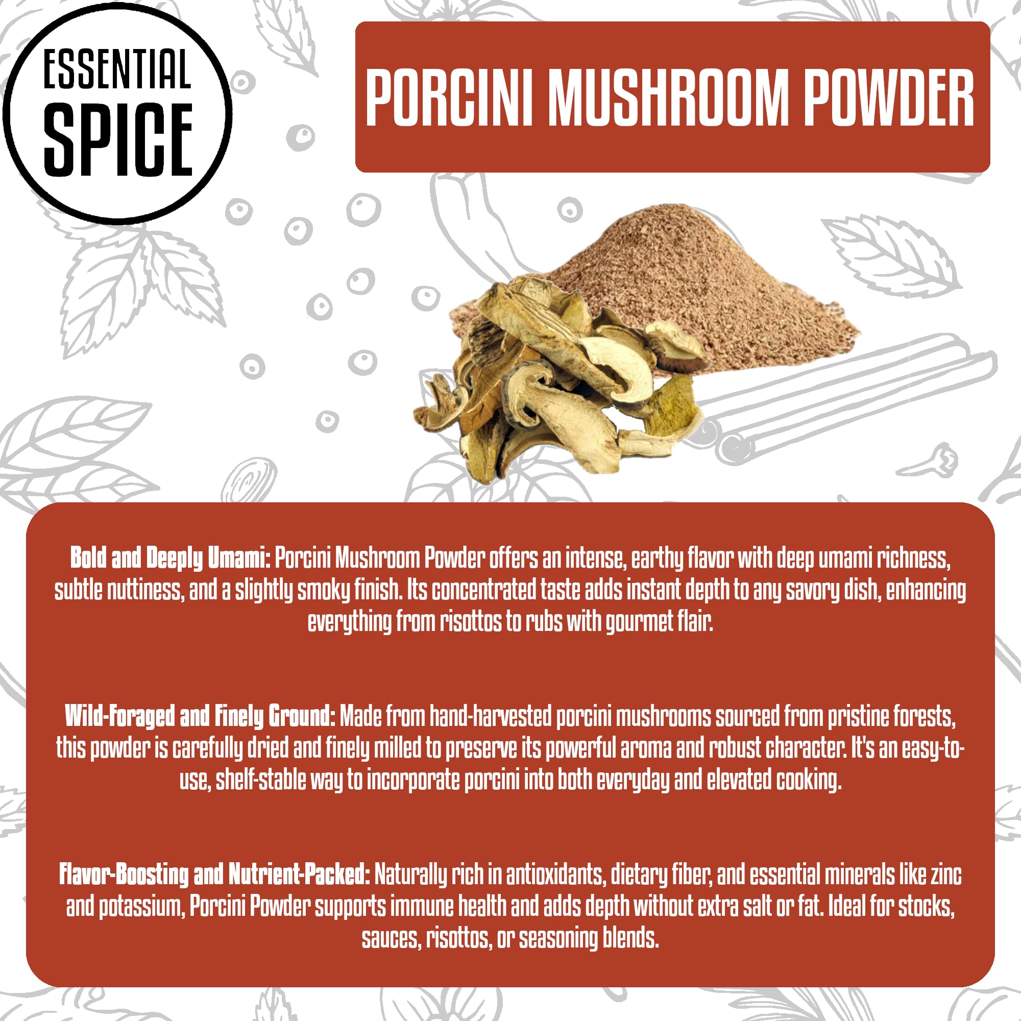 Essential Spice Organic Porcini Mushroom Powder - Bold Umami-Rich Flavor, Finely Ground - Ideal for Risottos, Sauces, Rubs, Soups & Gourmet Seasoning