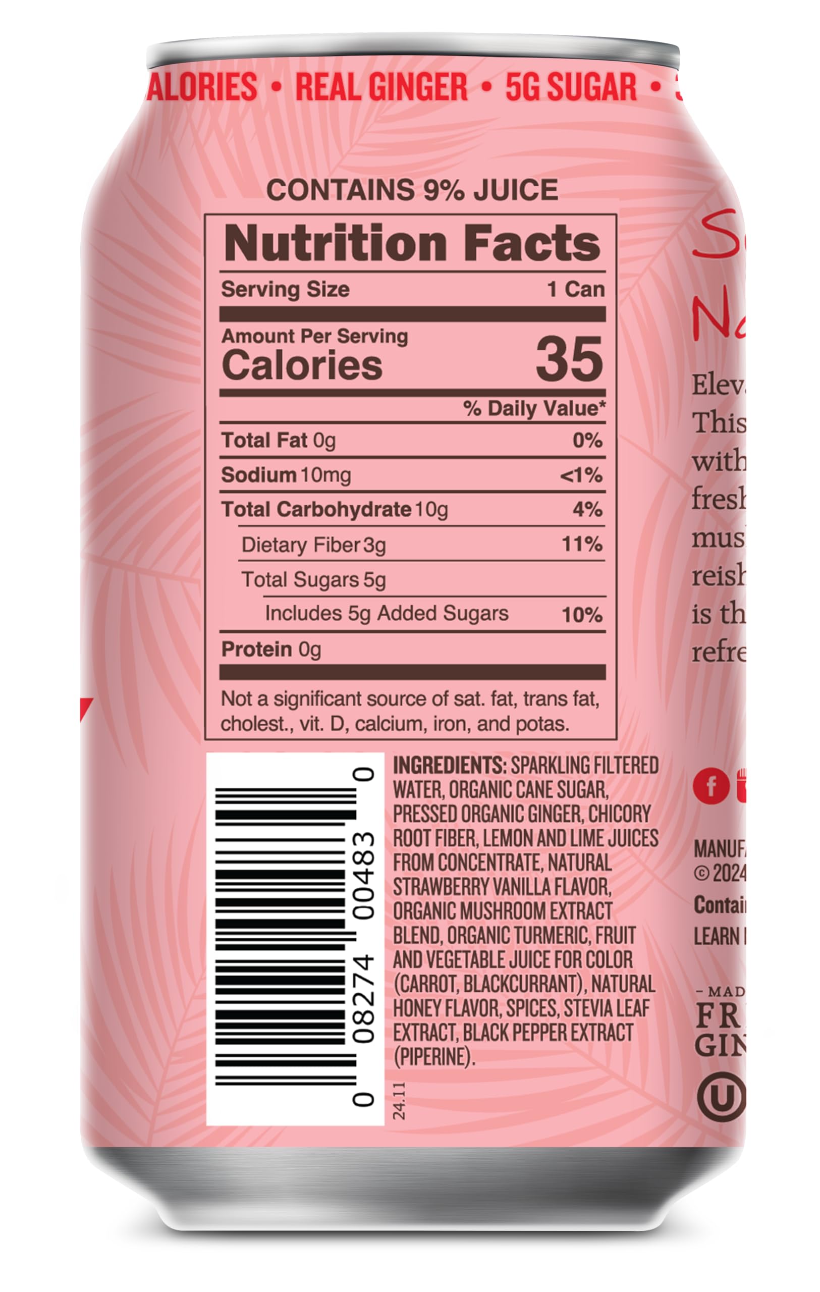 Reed's Strawberry Vanilla Functional Soda - Organic Ginger, Adaptogen Mushroom Blend, Prebiotics - 12oz Cans, 12-Pack