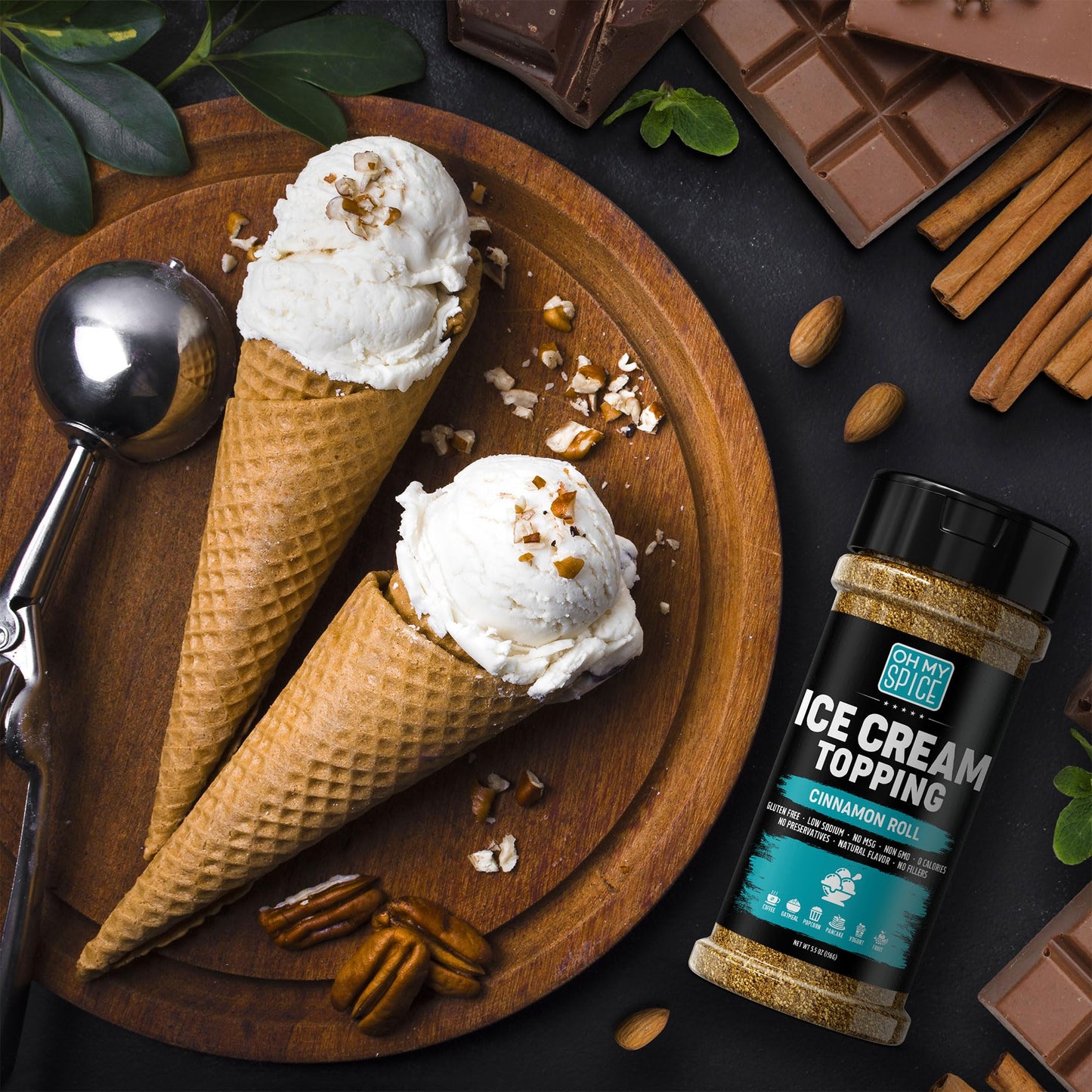 Ice Cream Topping Cinnamon Roll Mix - Gluten Free & Low Sodium Cinnamon and Sugar Flavor for Coffee Toppings. Cinammon Sugar Powder Seasoning