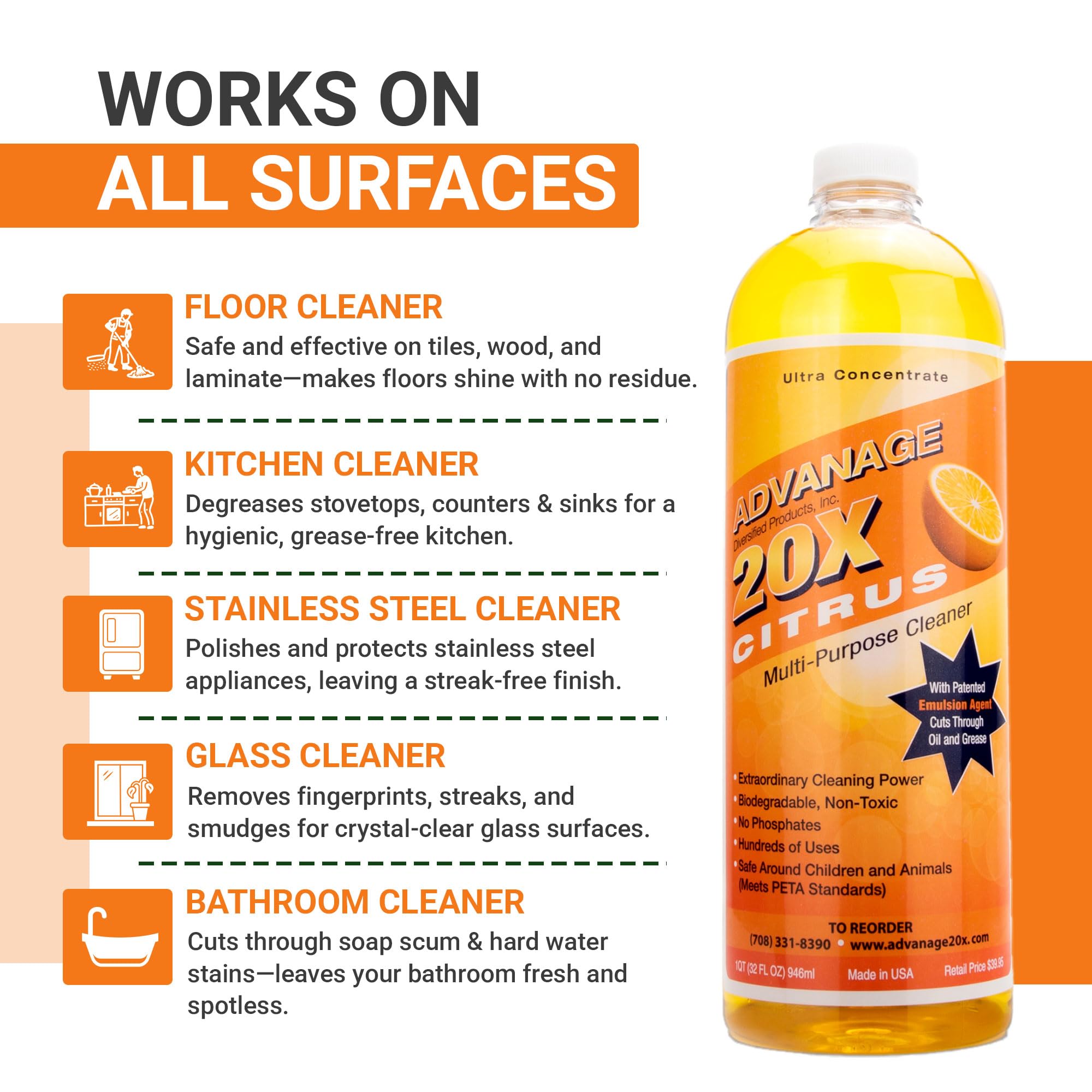 Advanage 20X Household Cleaner Concentrate Refill, 32 oz | Citrus All Purpose Cleaner | Multi Surface Dilute for Floors, Carpets, Glass, Counters