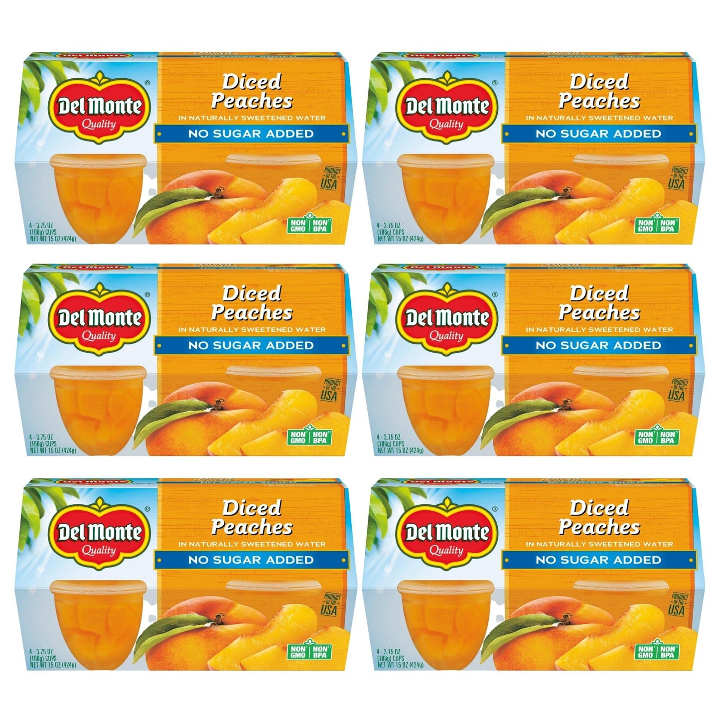 Del Monte No Sugar Added Diced Peaches Fruit Cup Snacks, 3.75 oz Cup (Pack of 24 Cups)