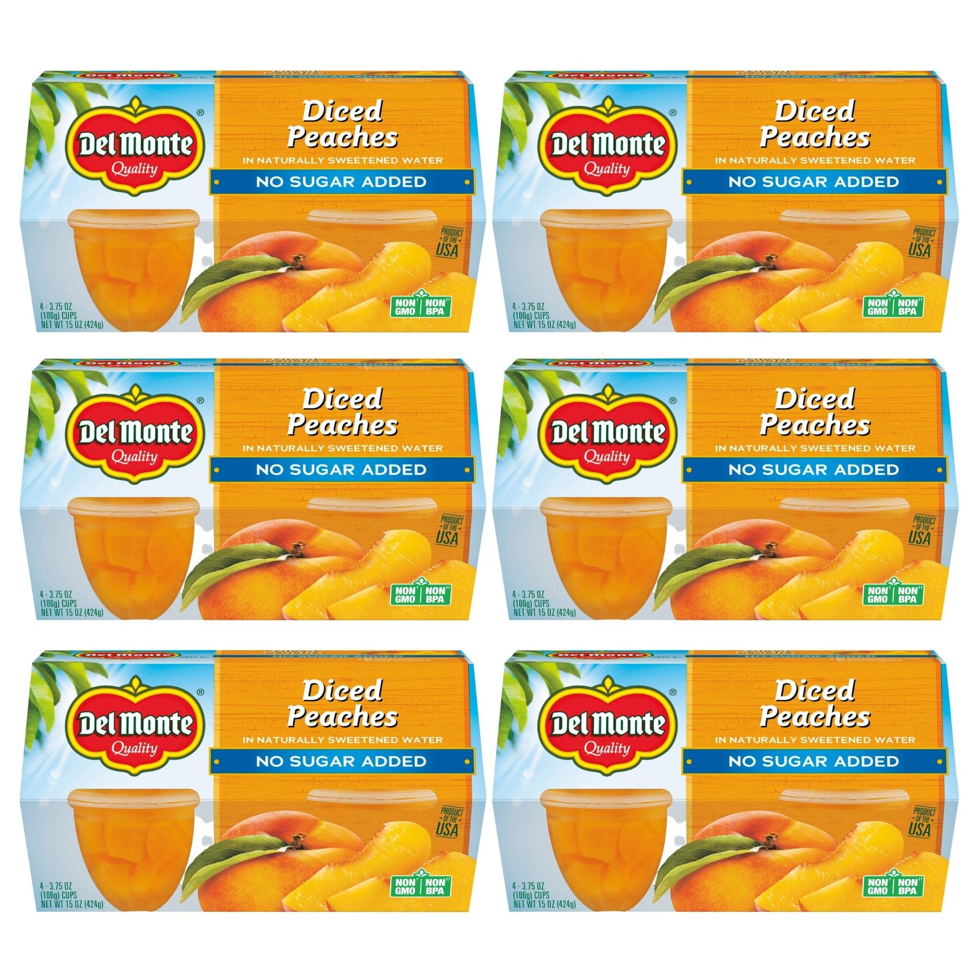 Del Monte No Sugar Added Diced Peaches Fruit Cup Snacks, 3.75 oz Cup (Pack of 24 Cups)