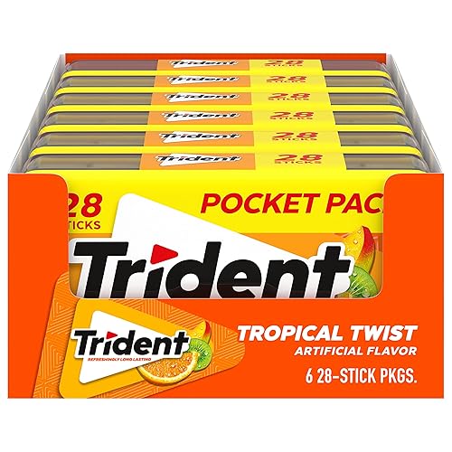 Trident Tropical Twist Sugar-Free Chewing Gum, 6 Pocket Packs of 28 Pieces (168 Total Pieces)