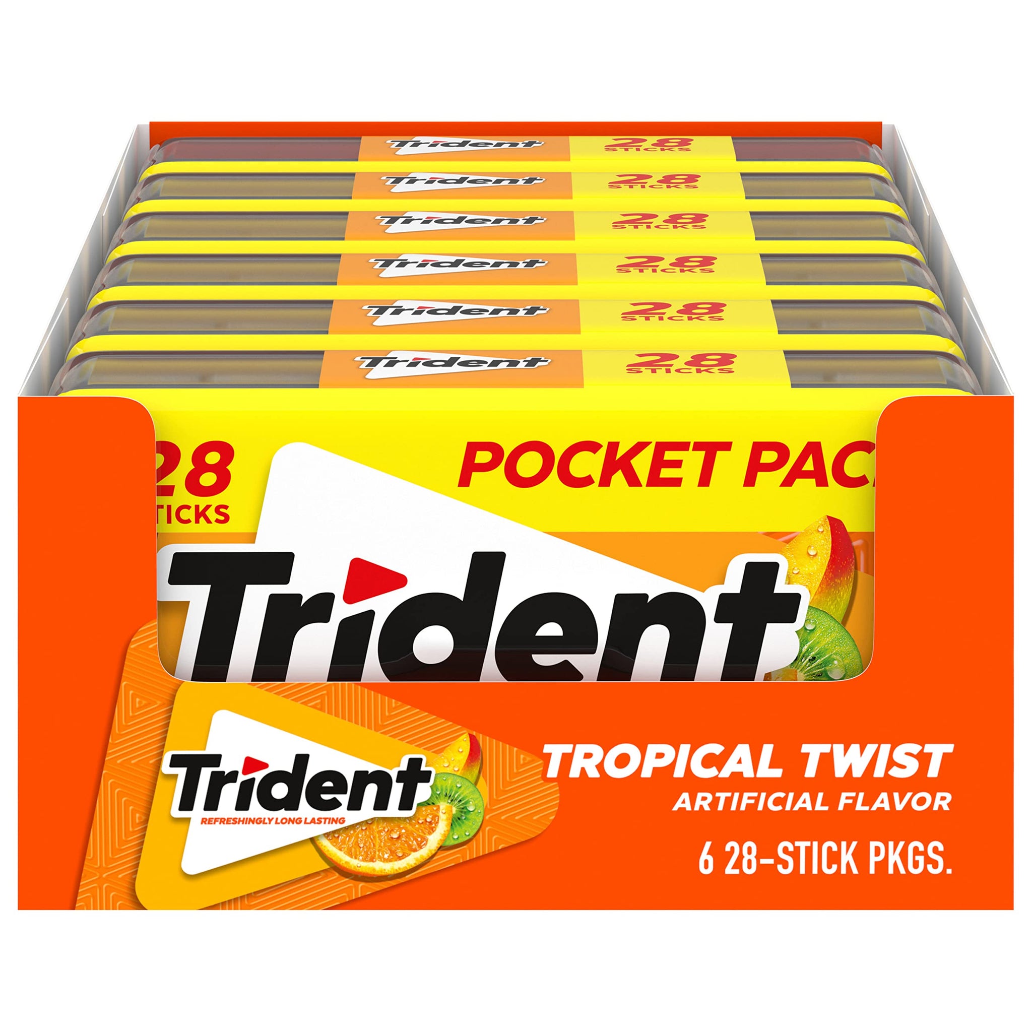 Trident Tropical Twist Sugar-Free Chewing Gum, 6 Pocket Packs of 28 Pieces (168 Total Pieces)