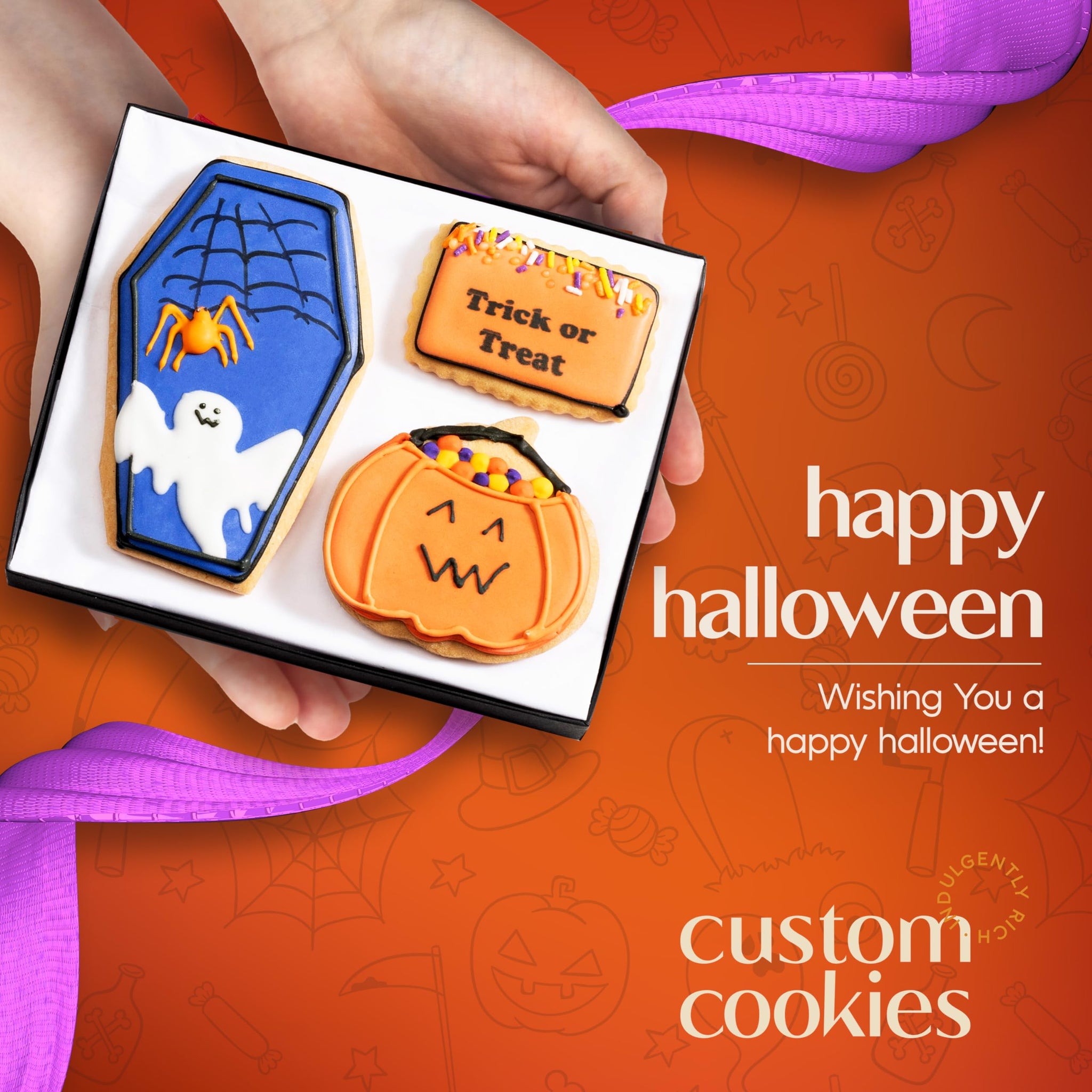 Halloween Cookie Gift Basket, Hand Decorated Vanilla Sugar Cookies Gourmet Dessert Spooky Trick Or Treat Gift Box For Boys Girls Kids Children Adults