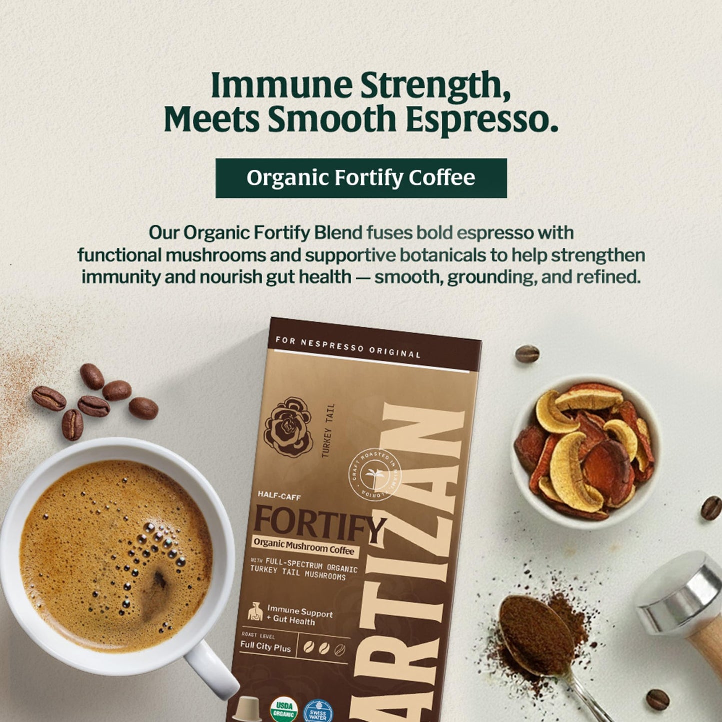 Artizan Organic Turkey Tail Mushroom Coffee Pods for Nespresso Original Line | Half-Caff | Daily Defense + Gut Health | 10 Compostable Espresso