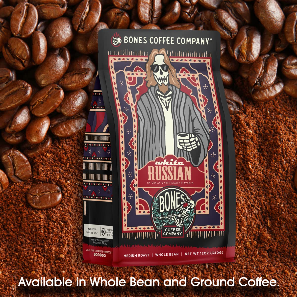 Bones Coffee Company White Russian, Cream and Cocktail Flavored Coffee, Medium Roast Low Acid Arabica Beans Compatible with Auto drip and French Press