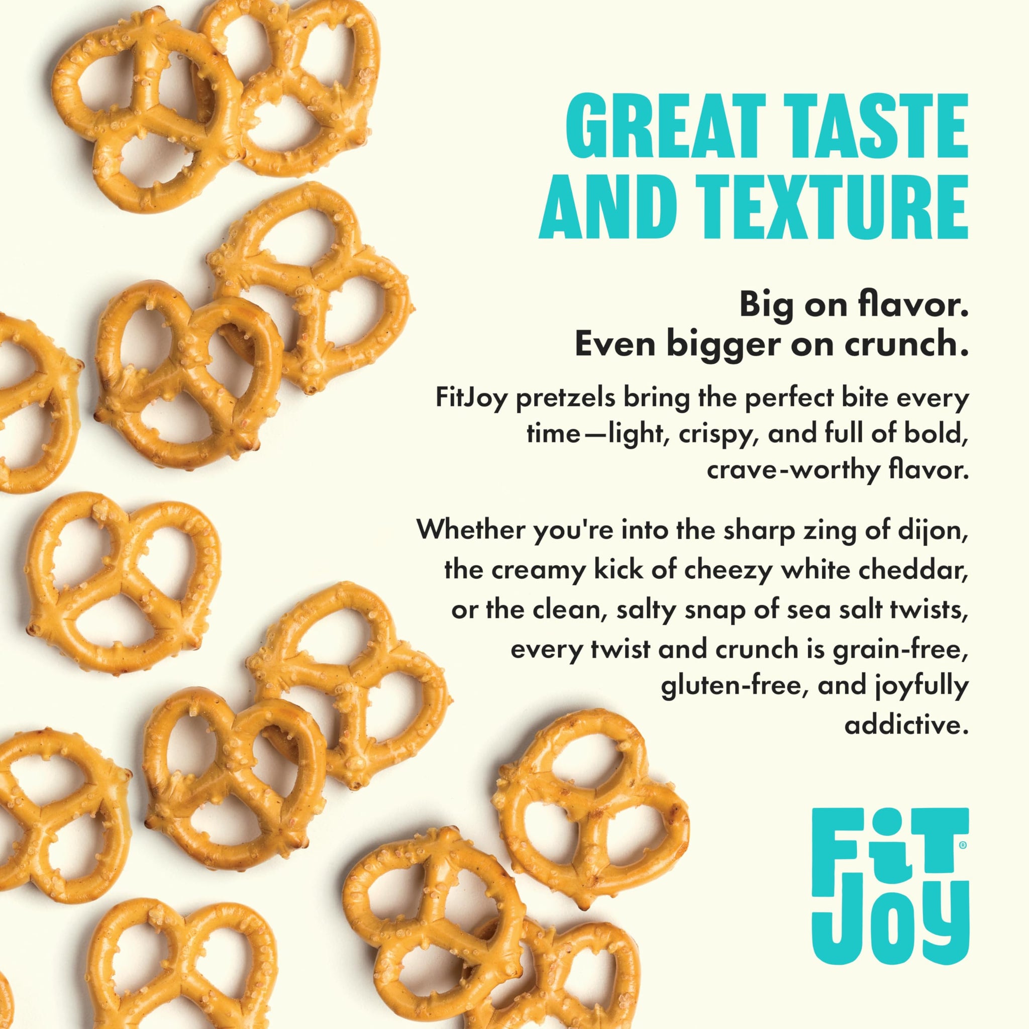 FitJoy Pretzel Variety Pack of 24 (0.5 Oz) - Tangy Dijon Mustard, Sea Salt, Cheezy White Cheddar Pretzel Twists - Dairy, Nut & Gluten Free Pretzels