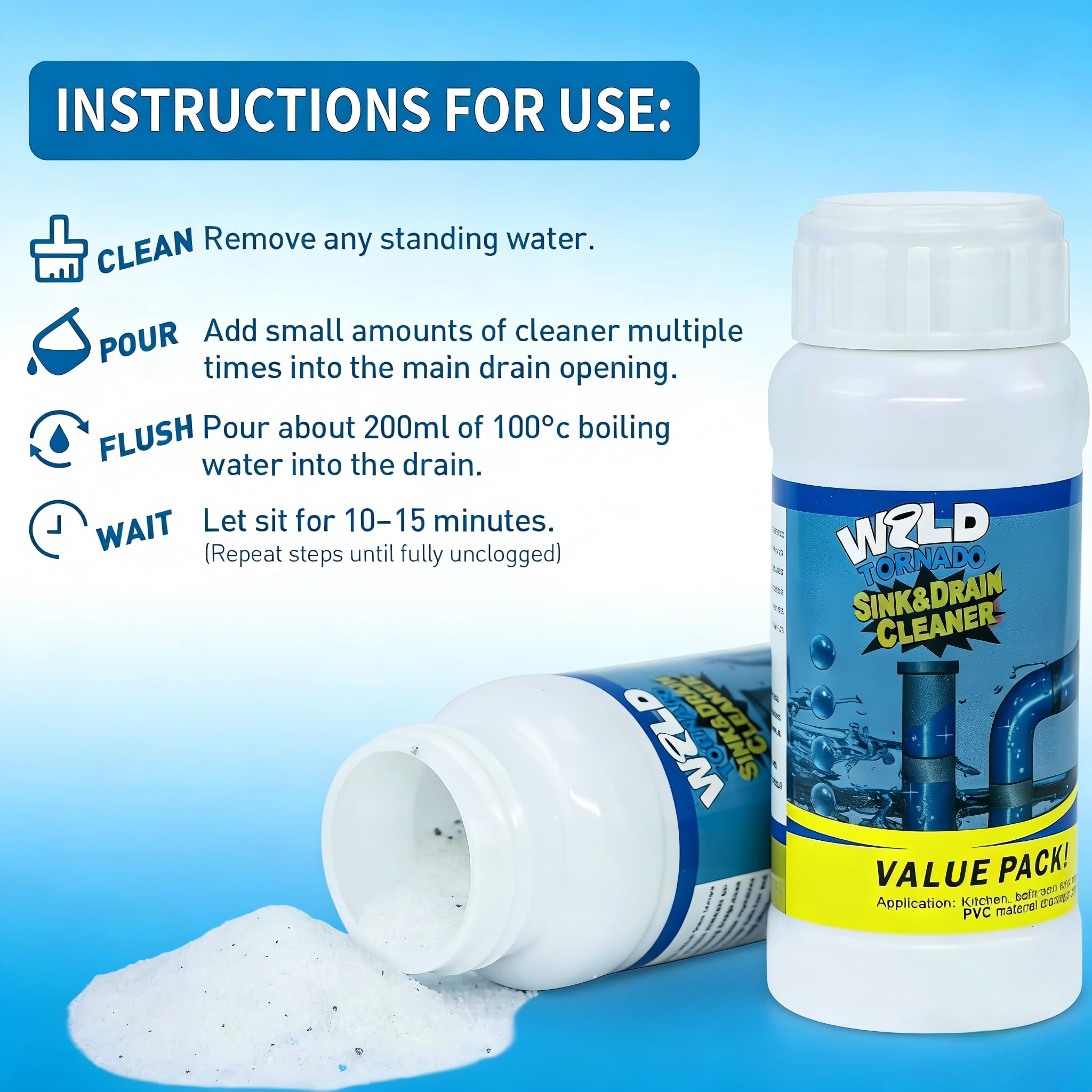 2pc Wild Tornado Sink and Drain Cleaner Powder - Powerful Pipe Dredge for Kitchen & Toilet, Drain Clog Remover, Pipeline Dredging Agent (2)