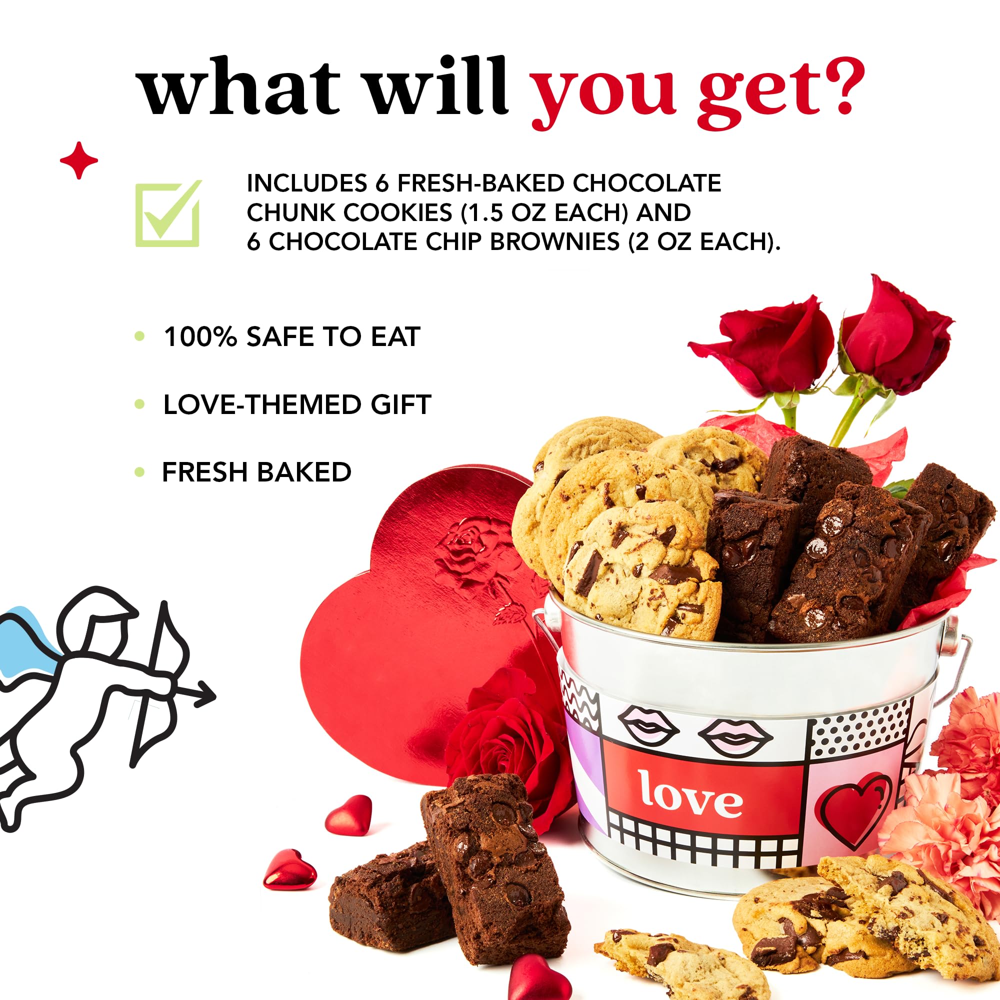 David’s Cookies Cookie Brownies Bucket Sampler - 1.3Lbs Assorted Gourmet with Chocolate Chip Brownies and Chocolate Chunk Cookies in a Love Tin