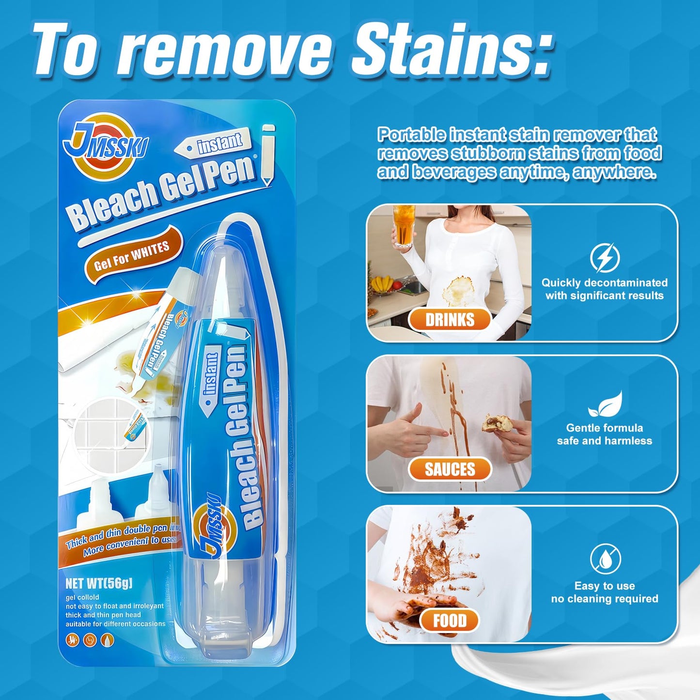 Bleach Pen for Clothes & Grout, 4 in 1 Dual-Tip Stain Remover Gel Pen with Precision Tip & Brush Head, Portable Travel-Size Cleaner for White Laundry