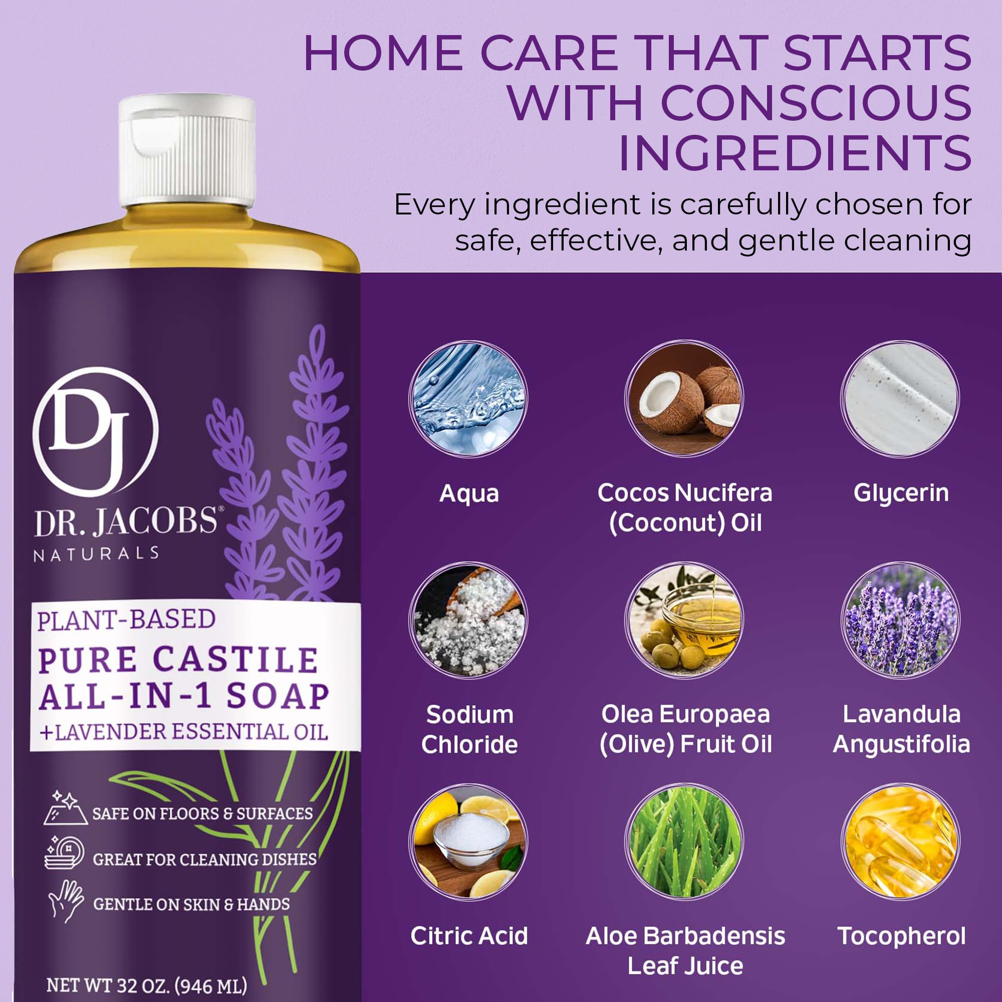 Dr. Jacobs Naturals Lavender Castile All-in-One Cleaner and Soap - Plant-Based Formula for House Cleaning Floors and Appliances - Gentle on Skin