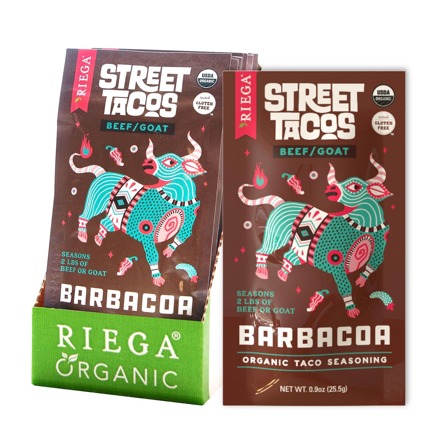 Riega Street Taco Seasoning, Organic Mexican Spice Blend for Cooking Authentic Meals, Barbacoa, 0.9 oz Packets, 8 Count
