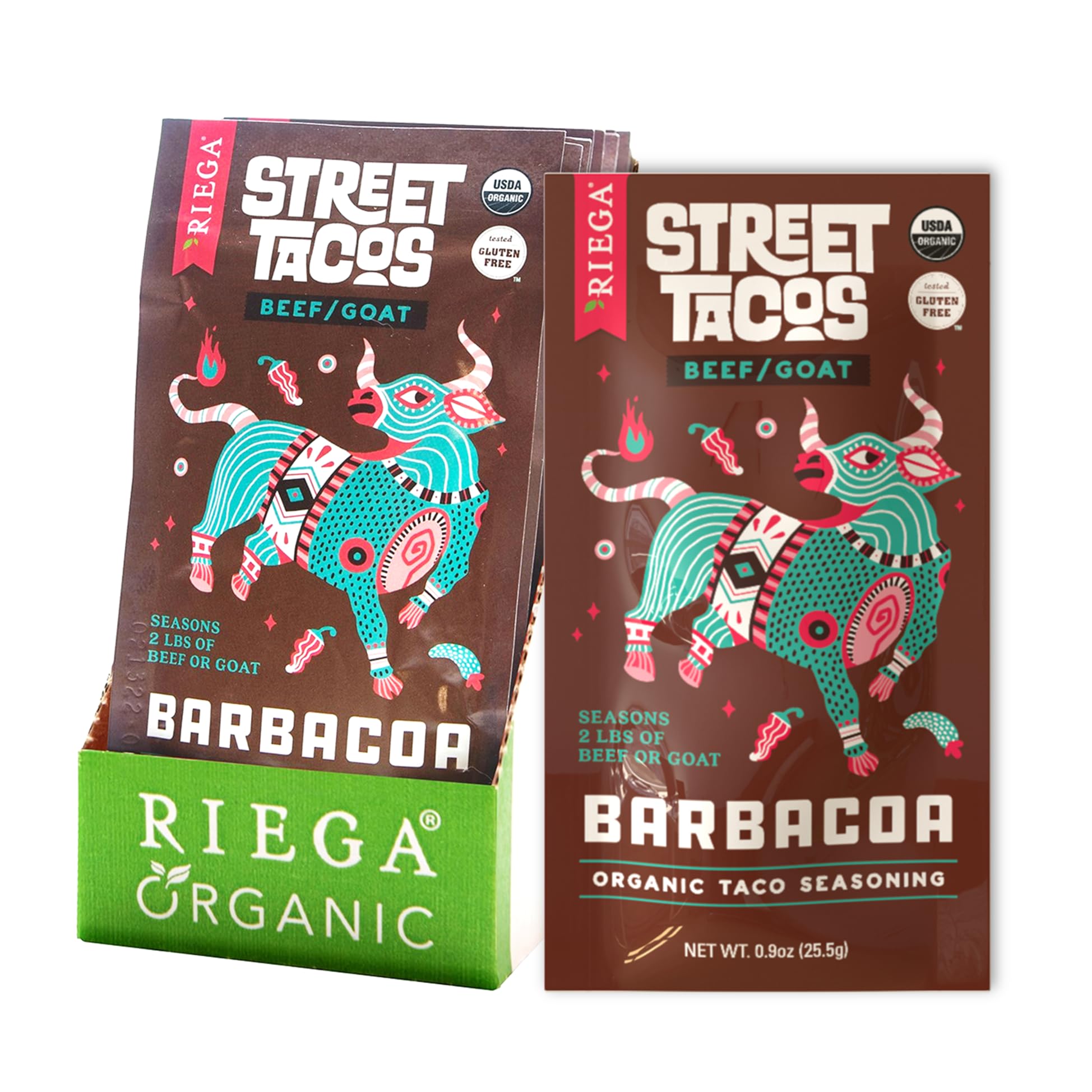 Riega Street Taco Seasoning, Organic Mexican Spice Blend for Cooking Authentic Meals, Barbacoa, 0.9 oz Packets, 8 Count