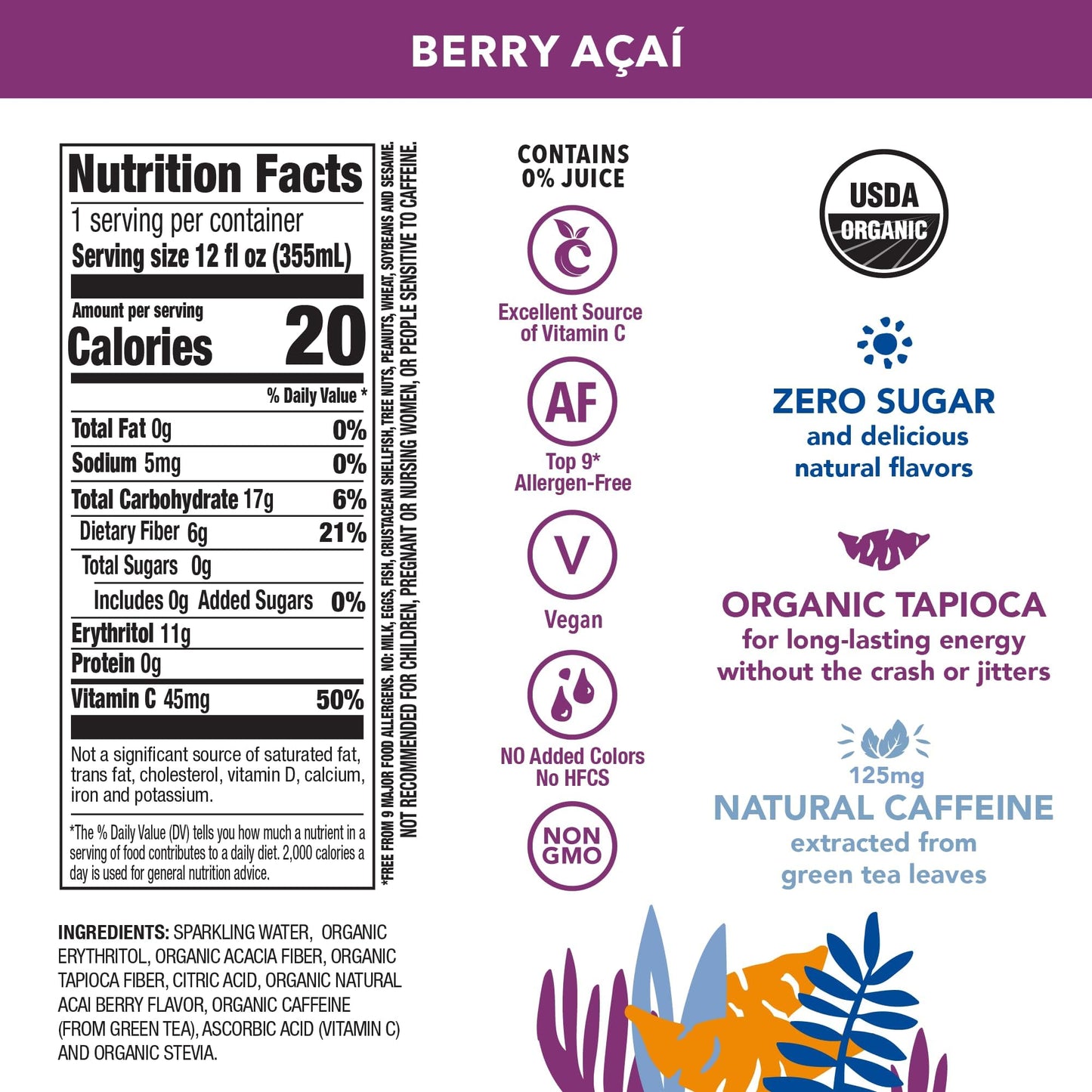 OCA ZERO 3-Flavor Variety Pack (Berry Acai, Tropical Mango, Strawberry Watermelon), Organic energy drink, zero sugar, gluten-free, vegan plant-based