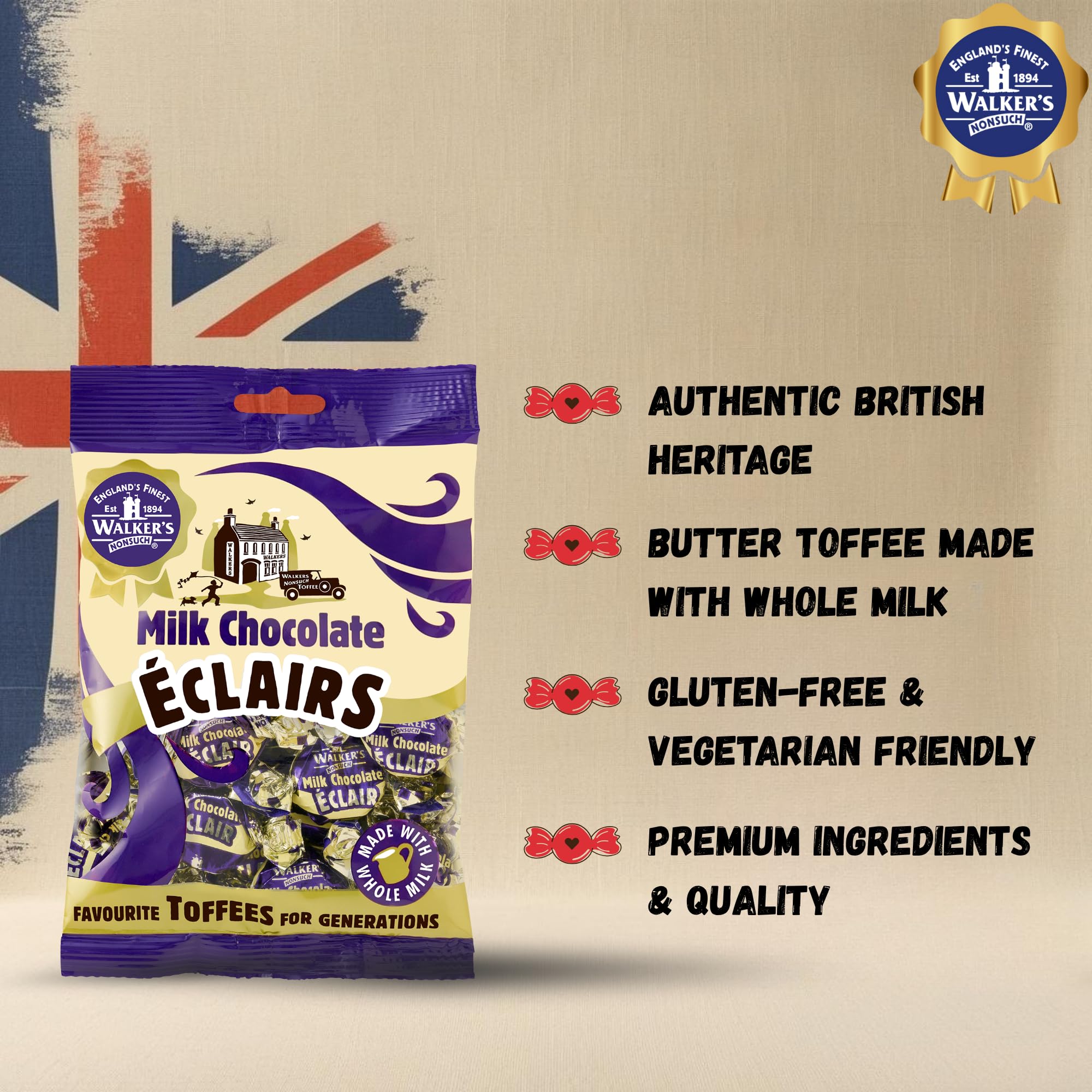 Walkers Nonsuch Milk Chocolate Eclairs 5.29 oz (Pack of 2) - Traditional British Chewy Butter Toffee Candy, Classic English Creamy Toffee Sweets