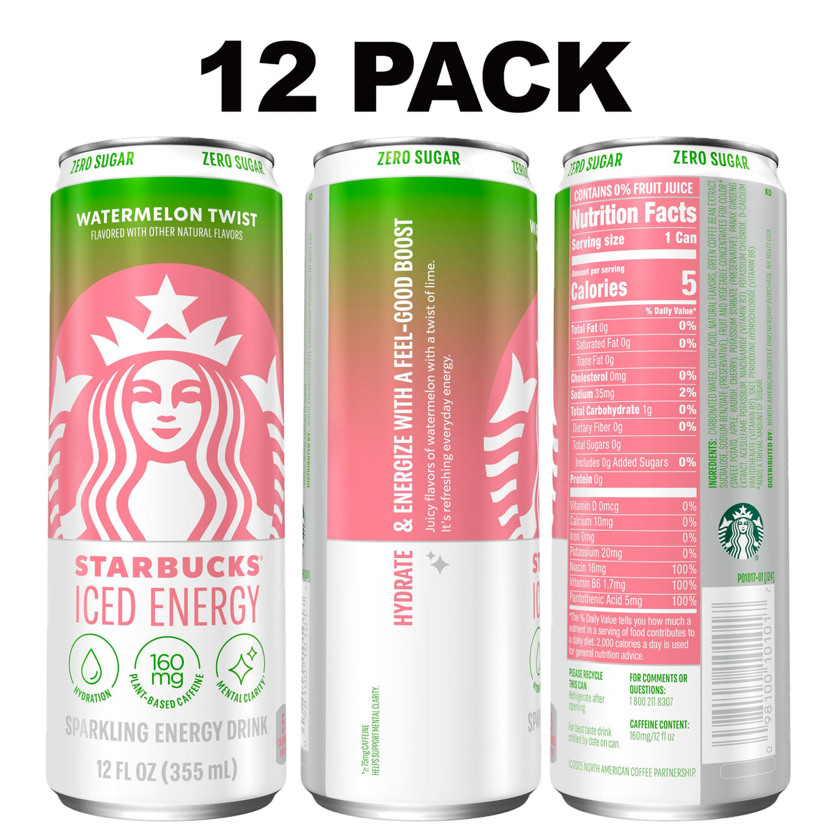 Starbucks Iced Energy Drink, Watermelon Twist, 12 Fl Oz Cans (Pack of 12)