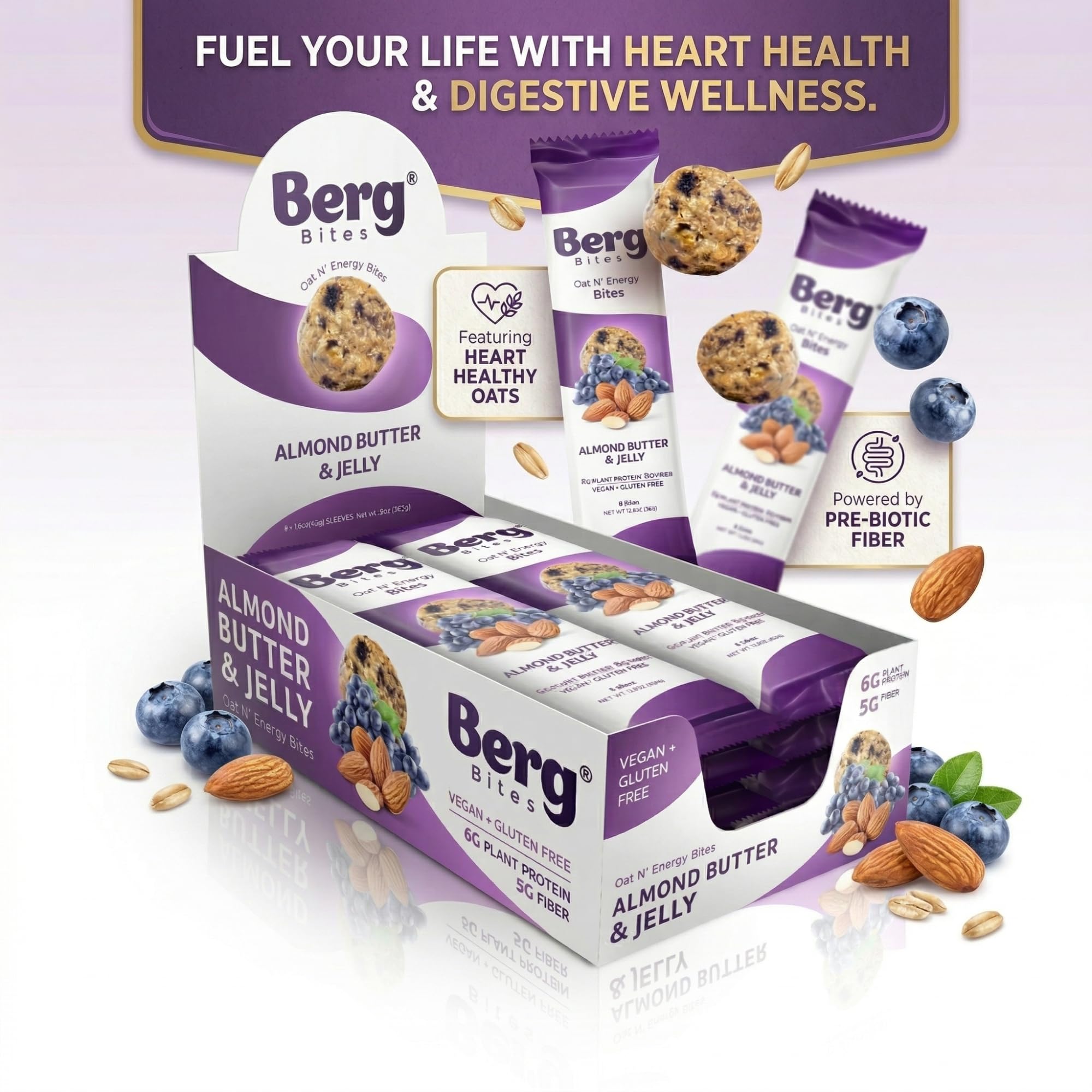 Berg Bites Plant-Based Almond Butter & Jelly Bites, Vegan, Gluten-Free, 6g Protein, 5g Fiber, Energy Snack Box - Clean Energy Healthy Snack Bar