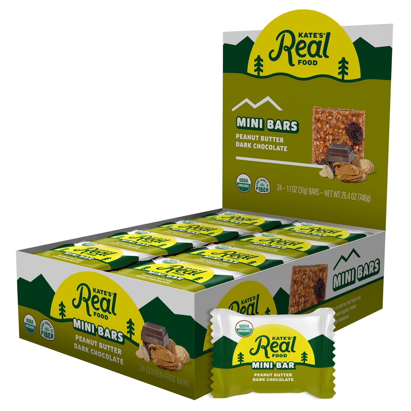 Kate’s Real Food Mini Organic Granola Bars - Peanut Butter Dark Chocolate (1.1 oz, Pack of 24) - Organic Energy Bars Made with Gluten Free Oats - Non