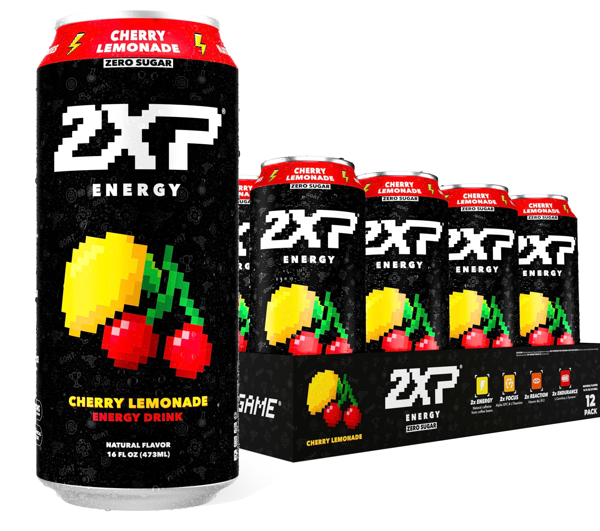 2XP Energy Drink | 2x Energy & Endurance | Alpha -GPC, L-Tyrosine, 200mg Natural Caffeine | 0 Sugar or Artificial Colors | 16oz, 12-Pack (Cherry