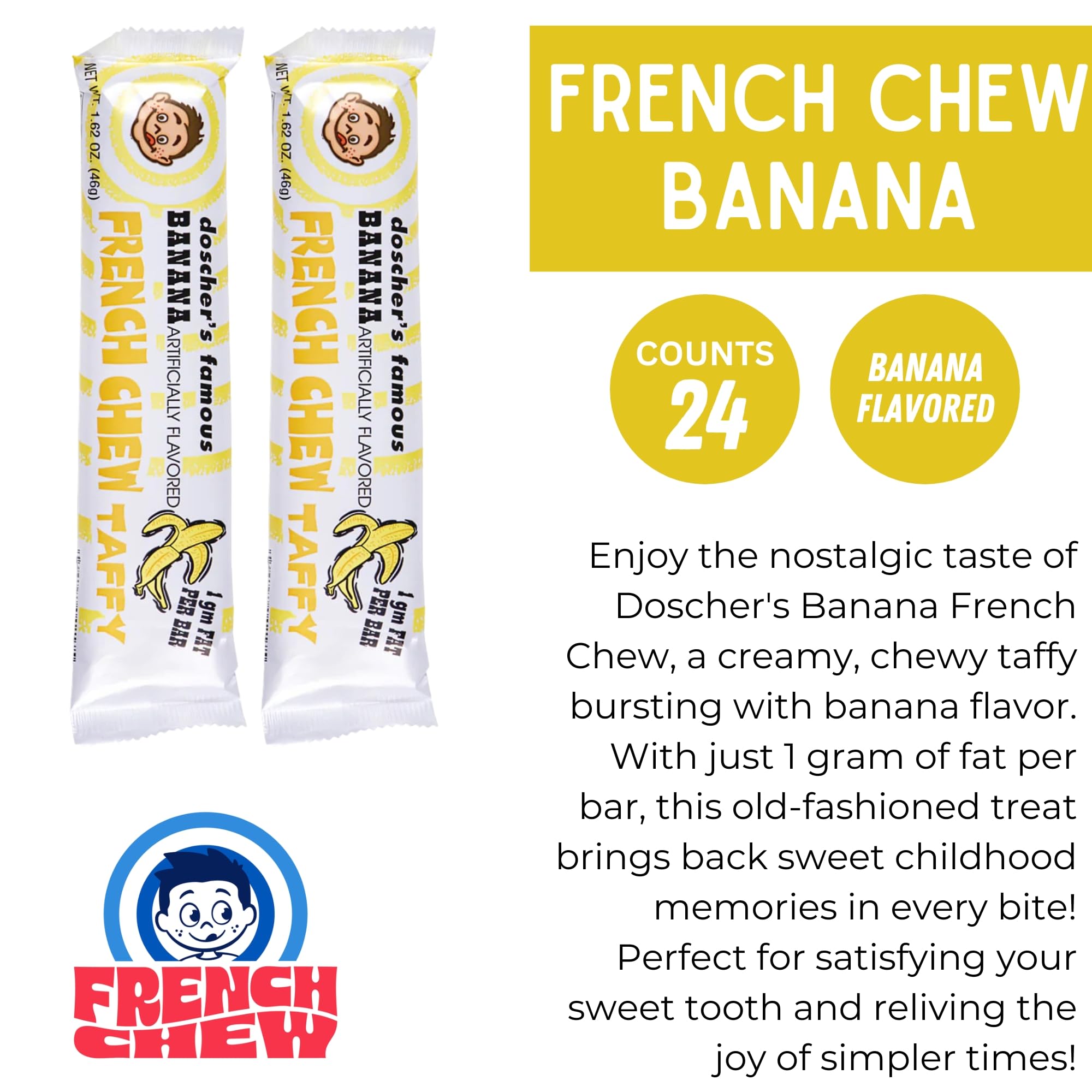 French Chew Taffy, Classic, Soft & Chewy Banana Candy, Made in the USA, Pack of 24