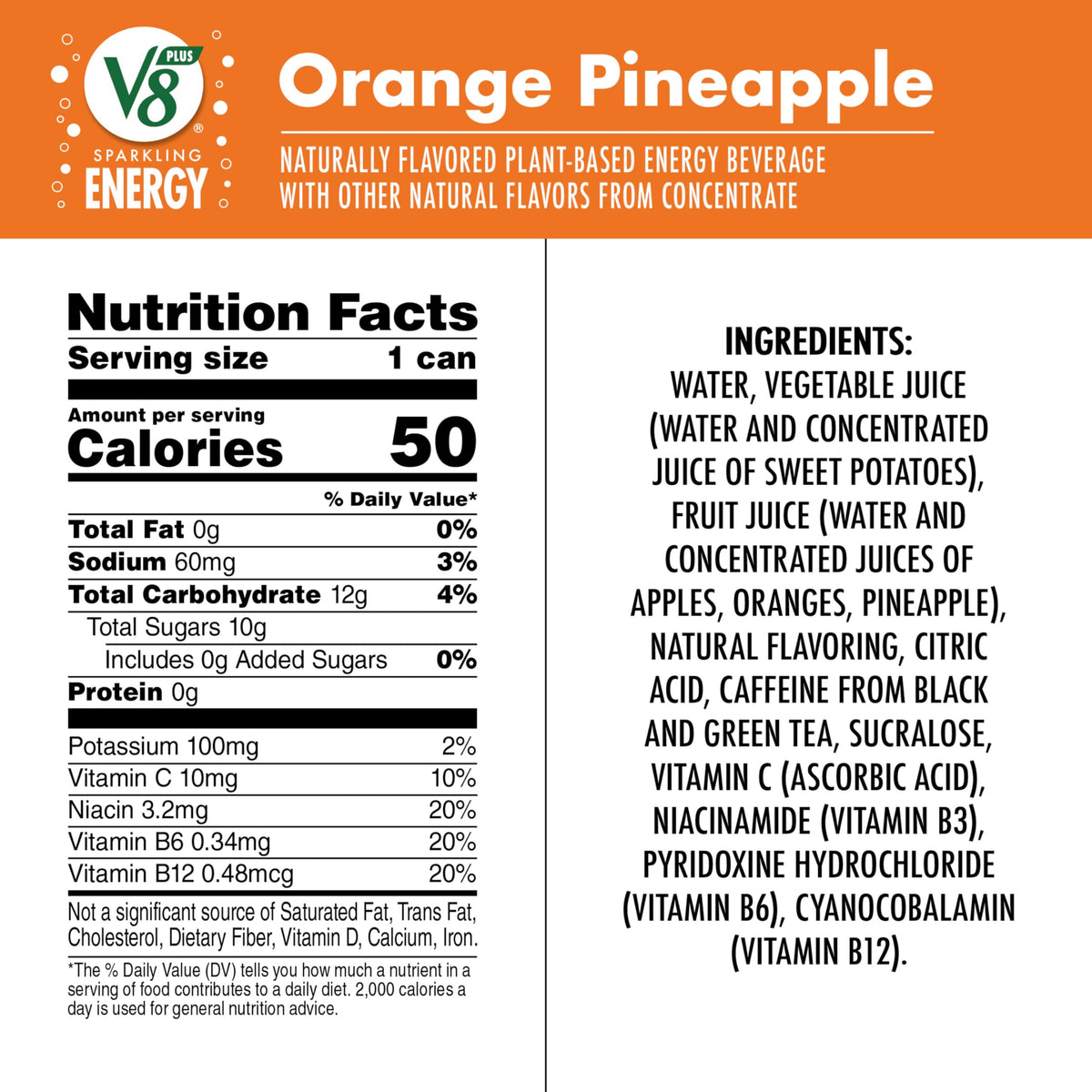 V8 +Energy Sparkling Orange Pineapple Juice Energy Drink, 11.5 fl oz Can