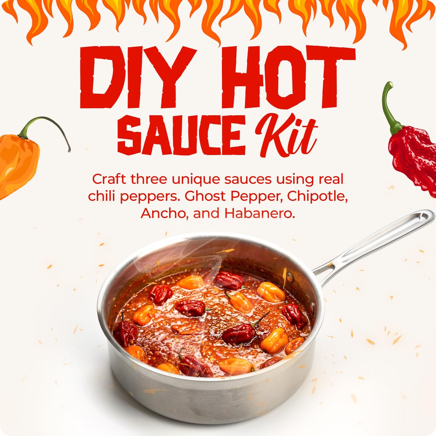DIY Hot Sauce Kit Lab - Craft 3 Unique Chili Pepper Sauce Bottles Using Ghost Peppers, Chipotle, Ancho and Habanero - Everything includes to make 3