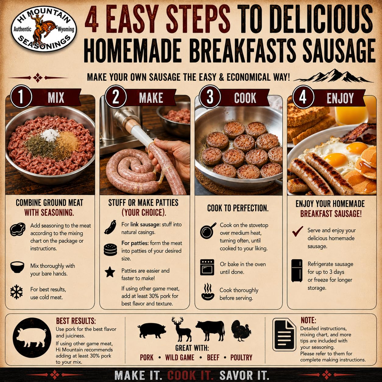 Hi Mountain Breakfast Sausage Seasoning Mix | ORIGINAL MOUNTAIN MAN | Make Homemade Sausage with Pork, Venison, Deer, Elk & Wild Game | Makes up to 24