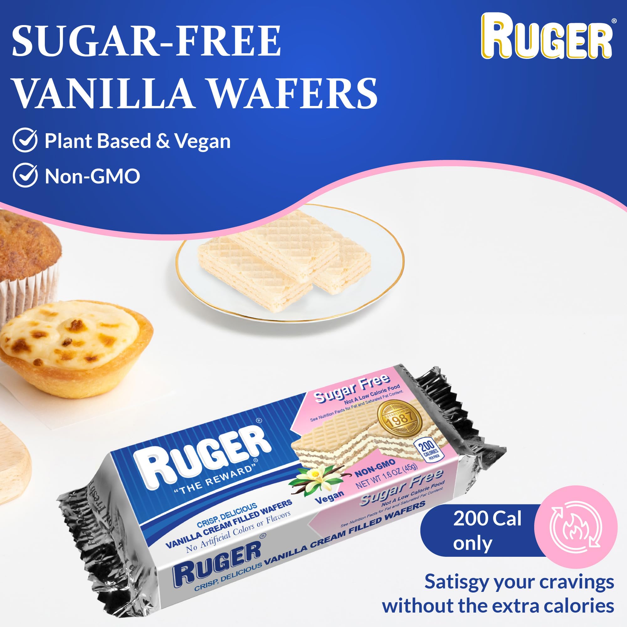 RUGER Sugar-Free Vanilla Wafers 1.6 Ounce (Pack of 12) - Delightfully Crisp & Creamy Treats - Natural Ingredients, Non-GMO, Vegan, No Artificial