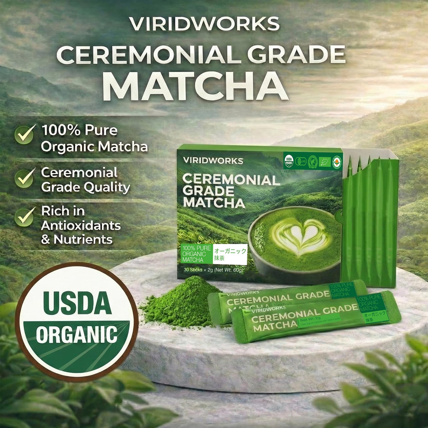 Viridworks Organic Matcha Green Tea Powder Stick Packs - Ceremonial Grade (First Spring Harvest) - Unsweetened Single Serve Packets - USDA, JAS