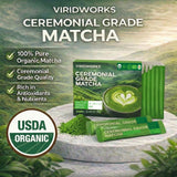 Viridworks Organic Matcha Green Tea Powder Stick Packs - Ceremonial Grade (First Spring Harvest) - Unsweetened Single Serve Packets - USDA, JAS