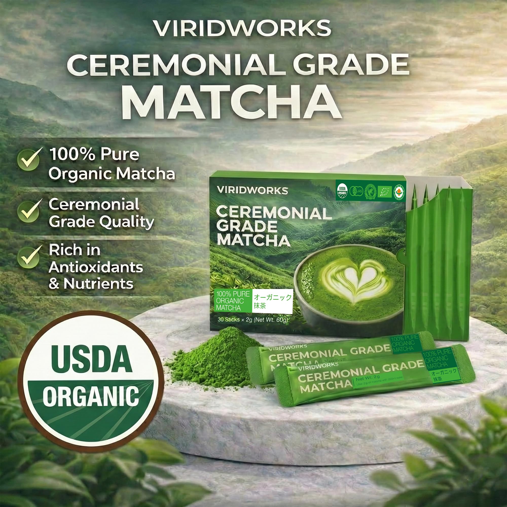Viridworks Organic Matcha Green Tea Powder Stick Packs - Ceremonial Grade (First Spring Harvest) - Unsweetened Single Serve Packets - USDA, JAS