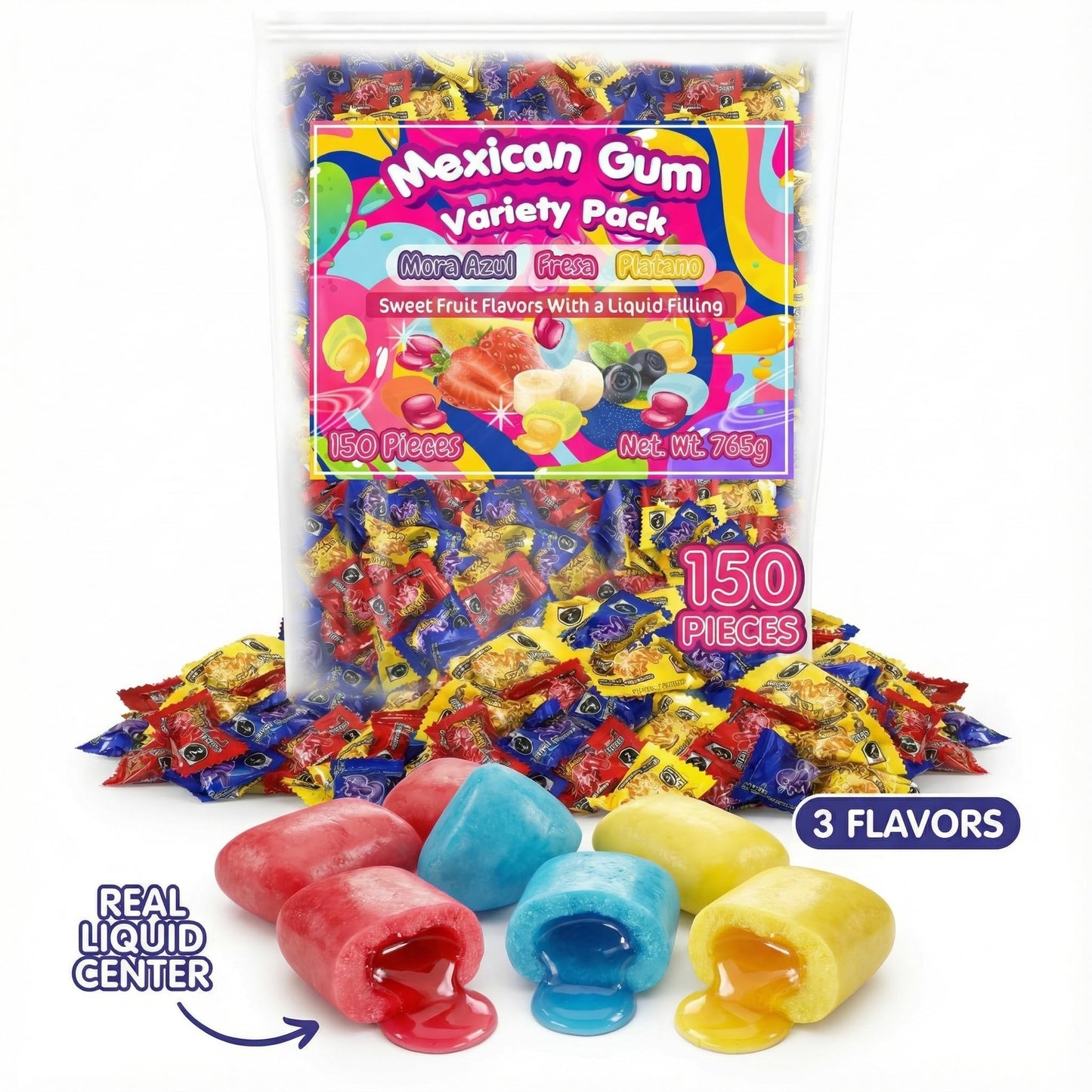 Mexican Bubble Gum Variety Pack, 150 Pcs. Authentic Bubblegum Fruit Flavors, Banana, Strawberry, and Blueberry, by Don Turinos
