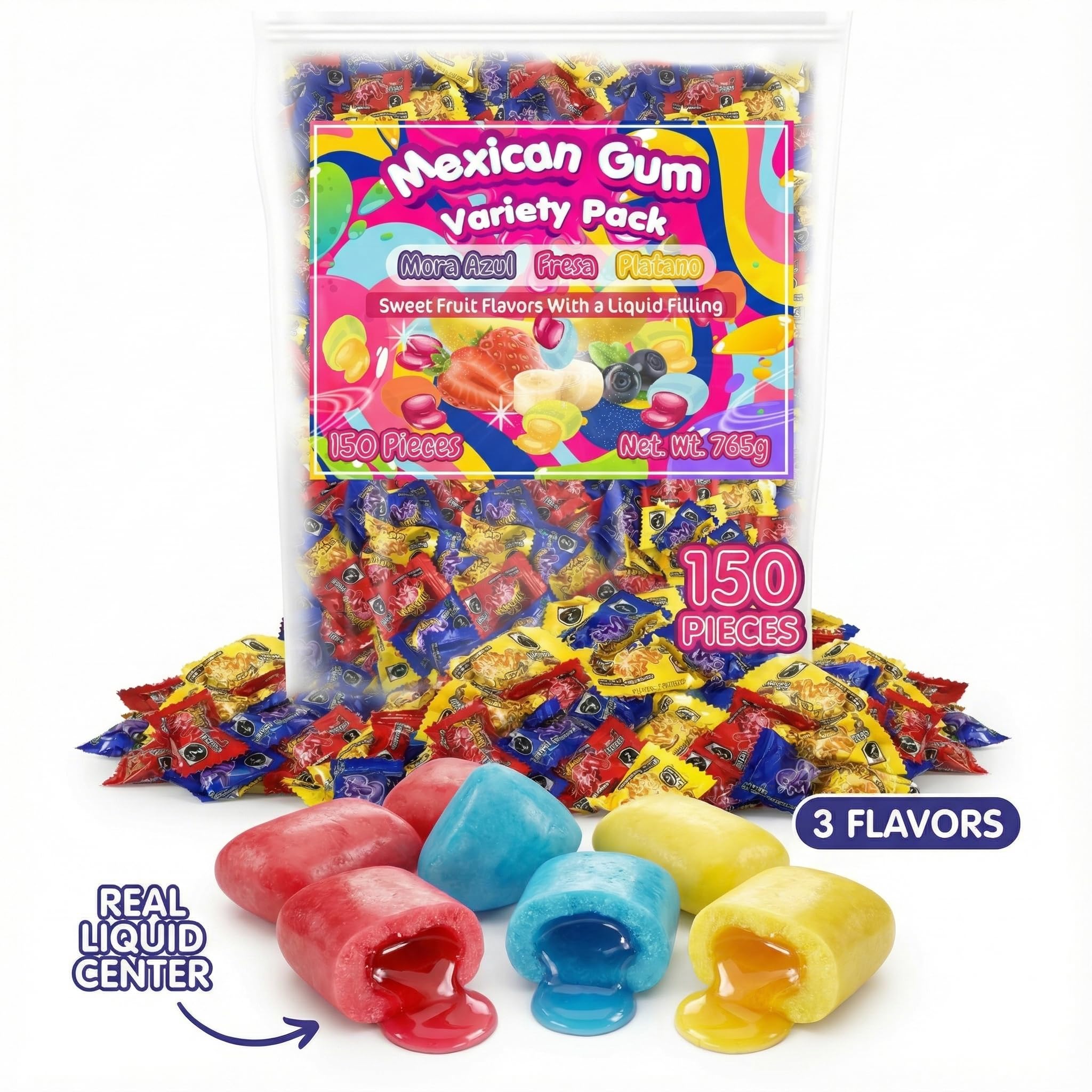 Mexican Bubble Gum Variety Pack, 150 Pcs. Authentic Bubblegum Fruit Flavors, Banana, Strawberry, and Blueberry, by Don Turinos