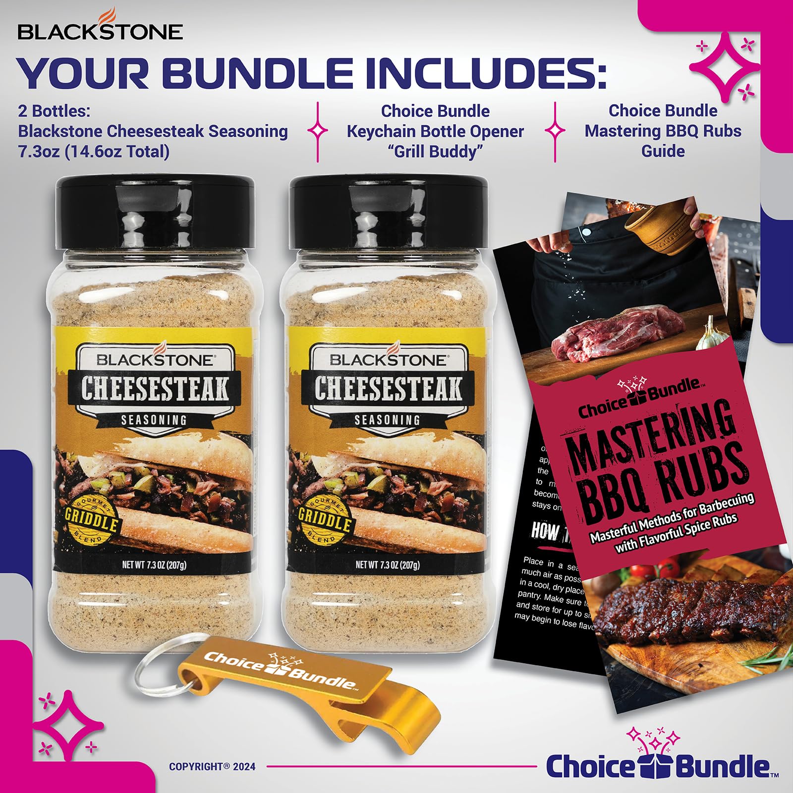 Blackstone Cheesesteak Seasoning - Gourmet Griddle Premium Barbecue Rub 2 Pk (14.6 oz) + BBQ Masters & Opener (4 Items)!