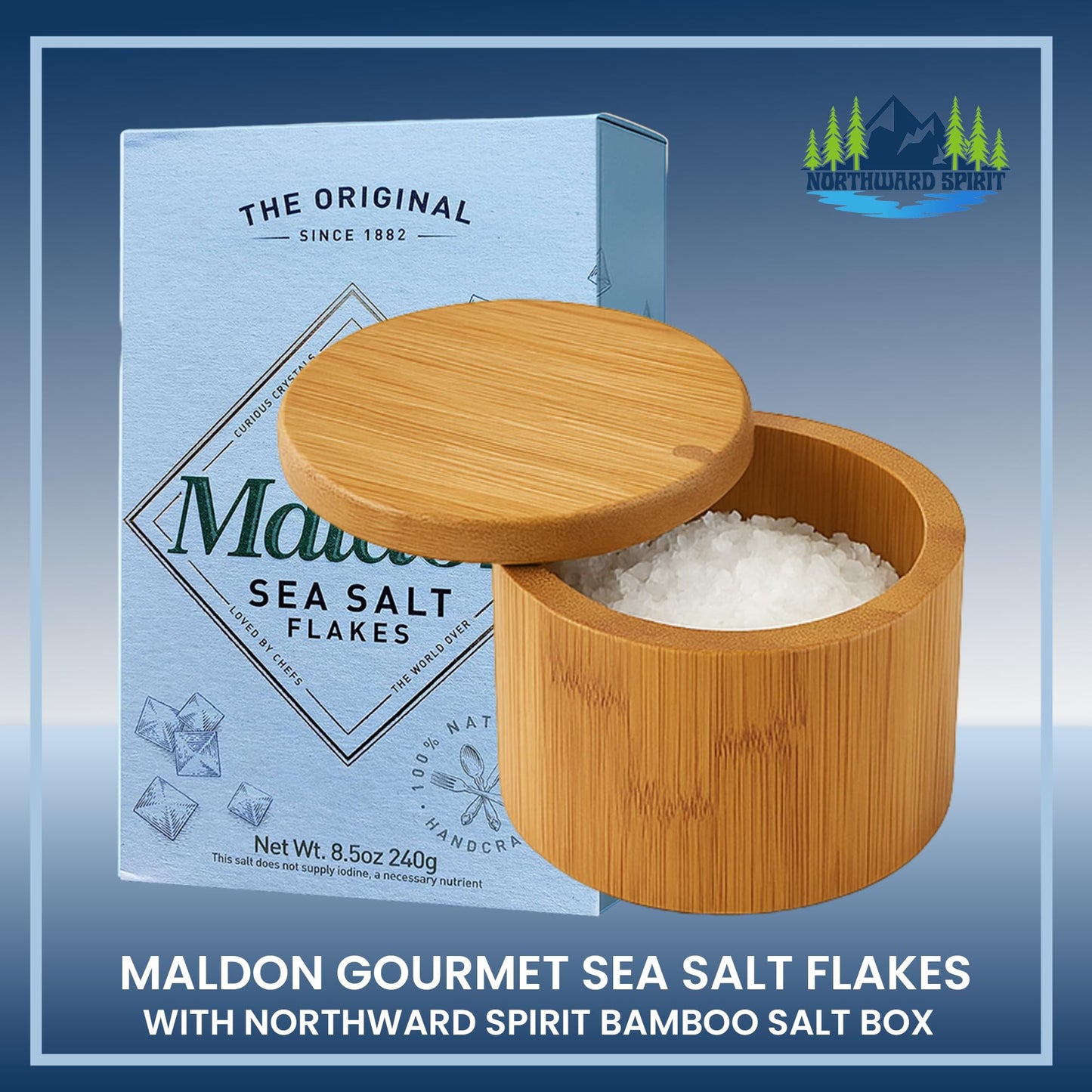 NORTHWARD SPIRIT Bamboo Salt Box Cellar Canister Gift Set With Maldon Sea Salt Flakes 8.5 Oz Box - Great For Salts, Spices, Seasonings In Your Gourmet