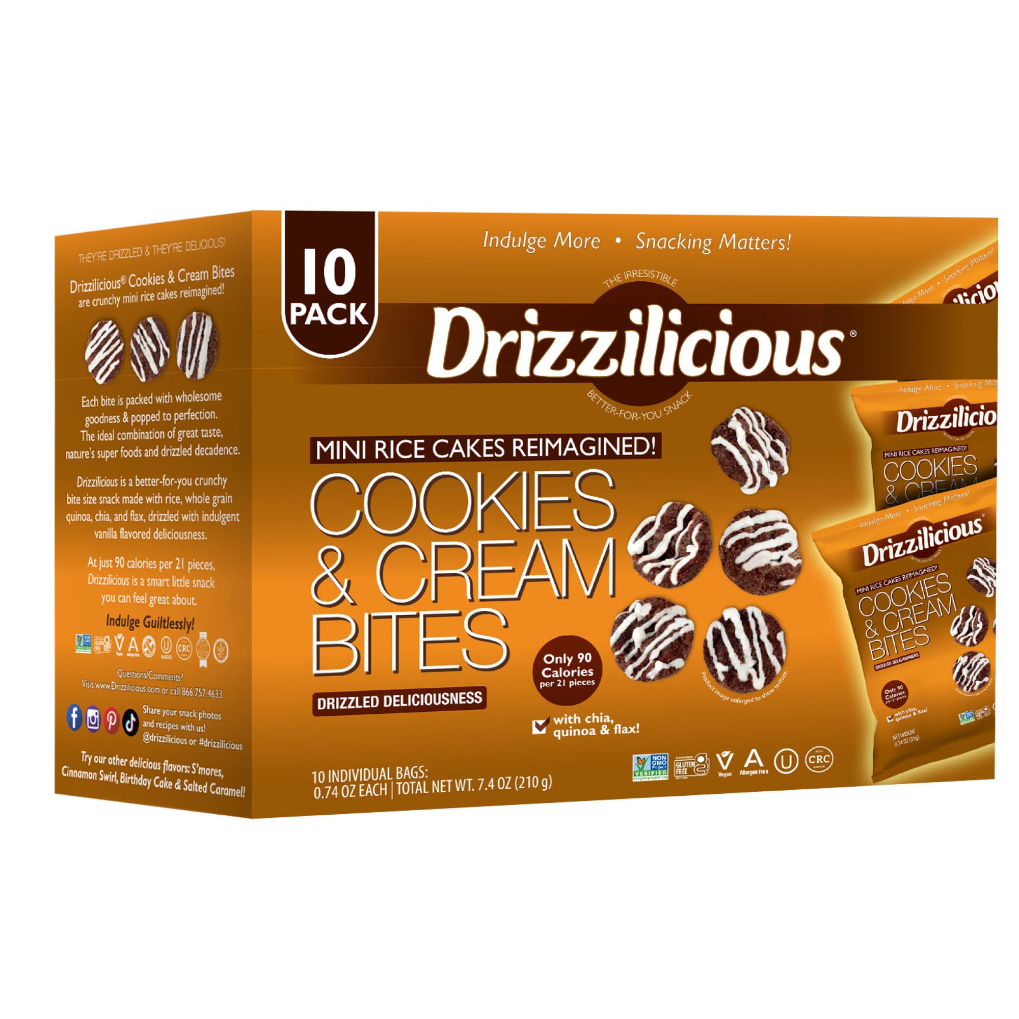 Drizzilicious Mini Flavored Rice Cakes Cookies & Cream - Rice Crisps, Healthy Snack for Adults and Kids, Vegan, Gluten Free Snack, Allergen Free, Only
