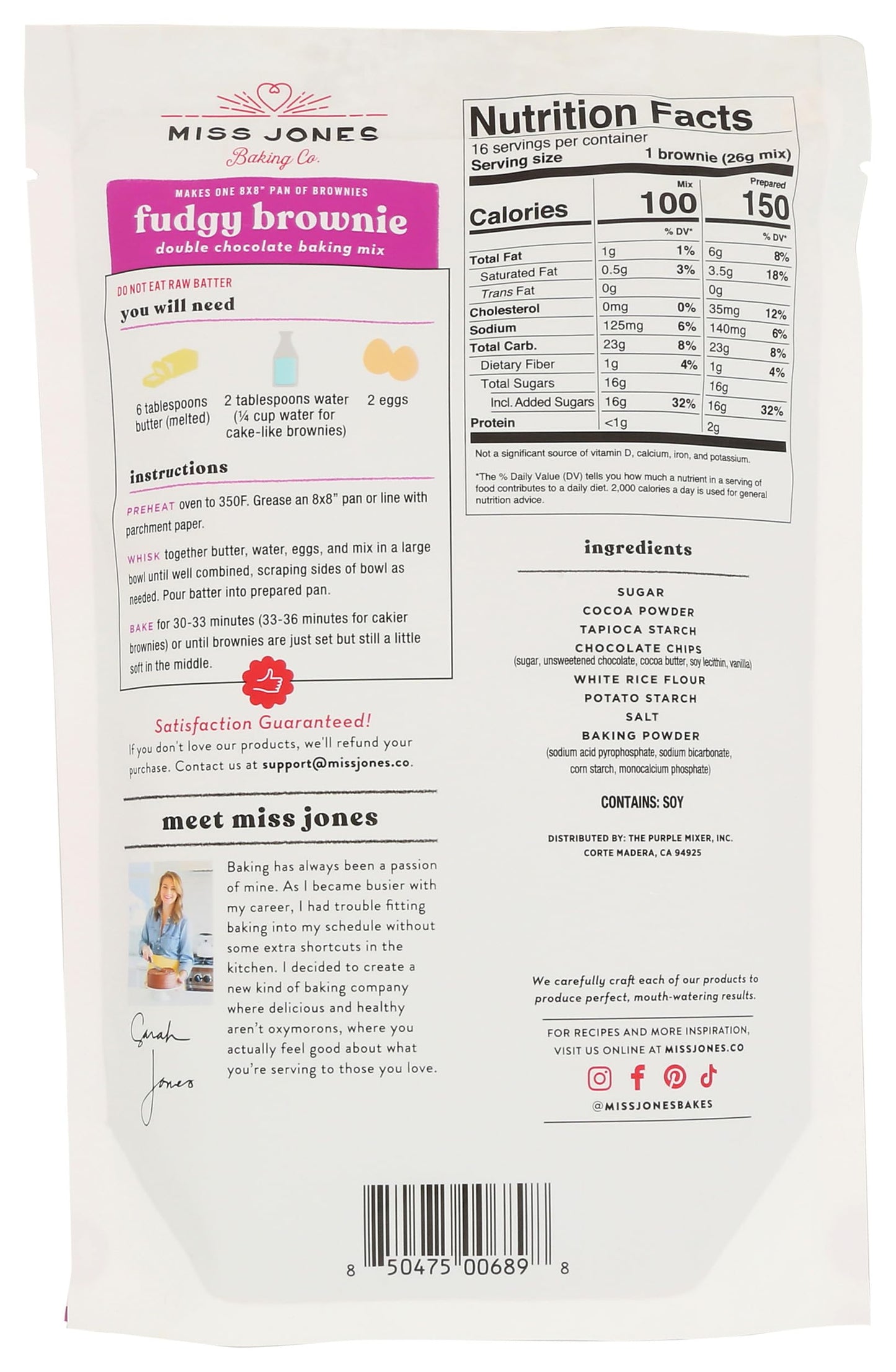 Miss Jones Gluten-Free Baking Brownie Mix - More Chocolate Chips, Guilt Free Brownie Mix, Naturally Sweetened Desserts & Treats, 14.67 Ounce (Pack of 1)