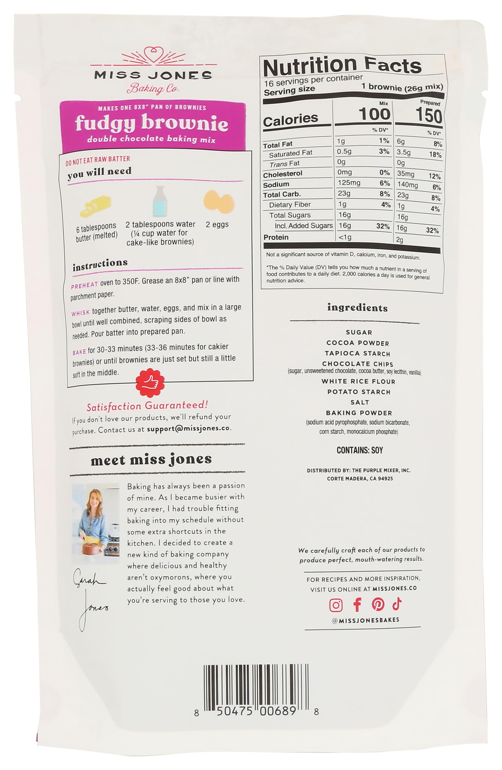 Miss Jones Gluten-Free Baking Brownie Mix - More Chocolate Chips, Guilt Free Brownie Mix, Naturally Sweetened Desserts & Treats, 14.67 Ounce (Pack of 1)