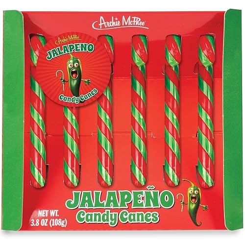 Archie McPhee's Jalapeño Candy Canes - 6 Count, 9 grams Each - Mexican Cuisine Inspired Holiday Candy, Perfect Christmas Stocking Stuffer and Gag Gift