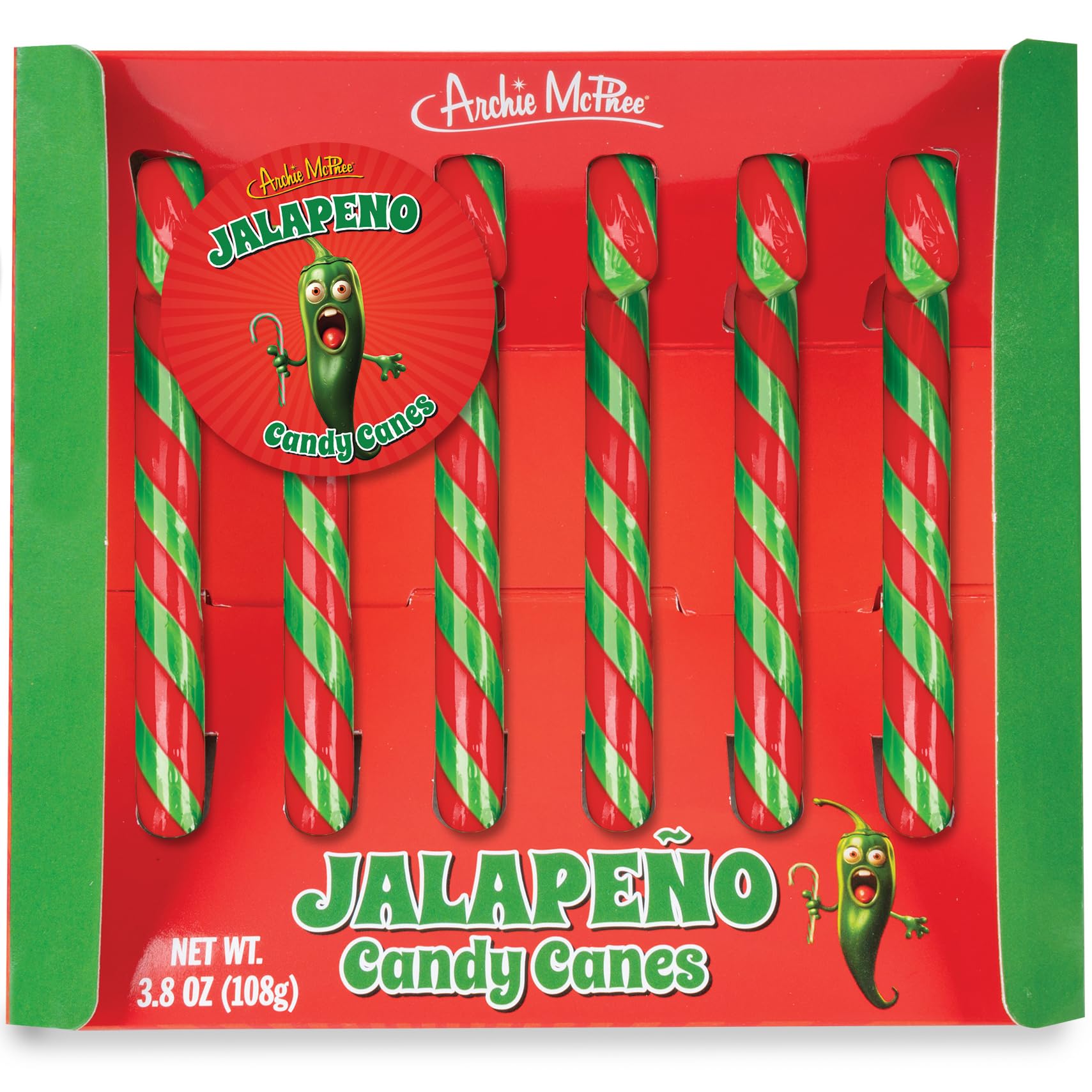 Archie McPhee's Jalapeño Candy Canes - 6 Count, 9 grams Each - Mexican Cuisine Inspired Holiday Candy, Perfect Christmas Stocking Stuffer and Gag Gift